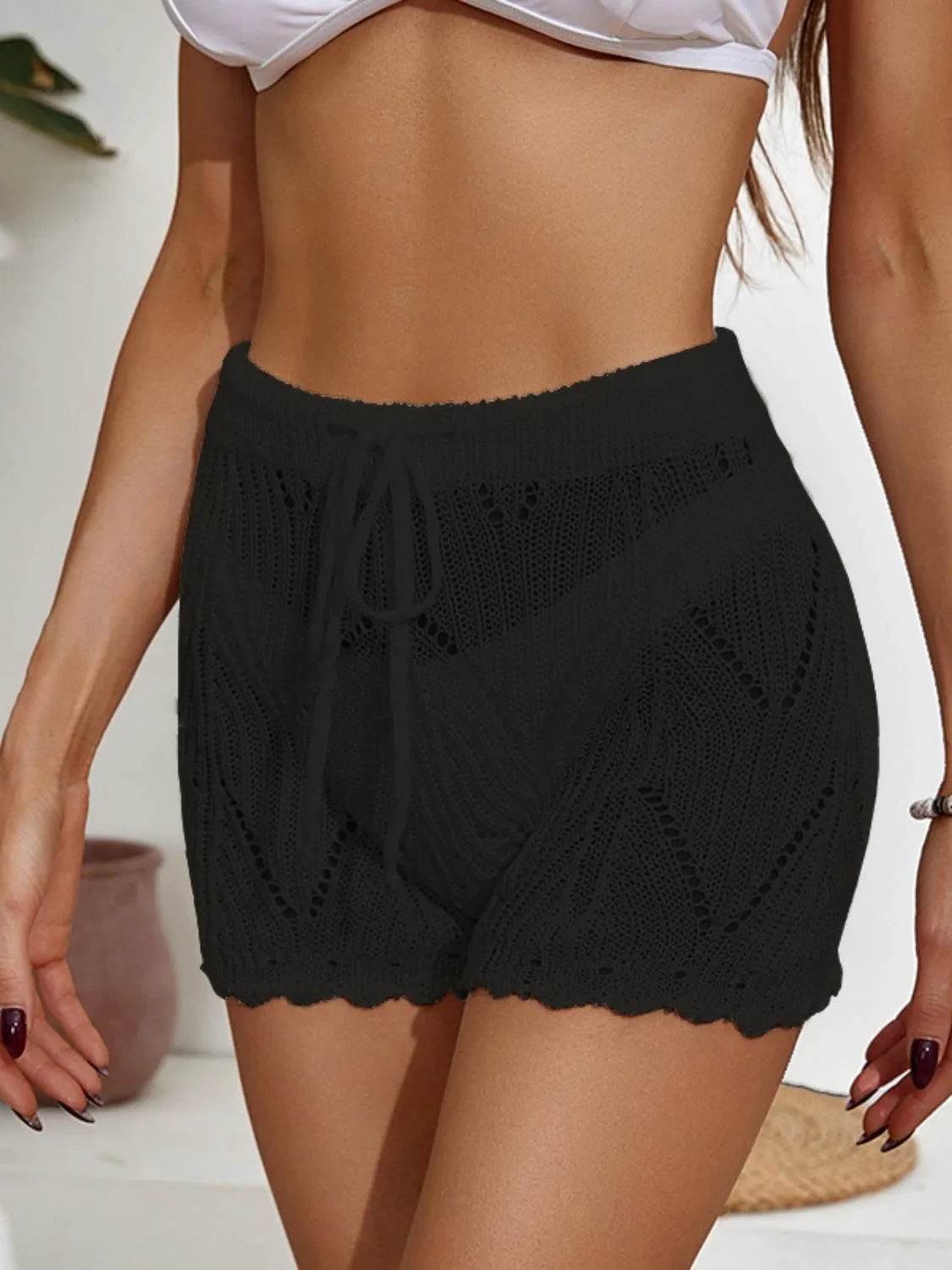 Drawstring Cutout Swim Shorts for Women – Trendy High-Waist Beachwear Bottoms - Bona Fide Fashion