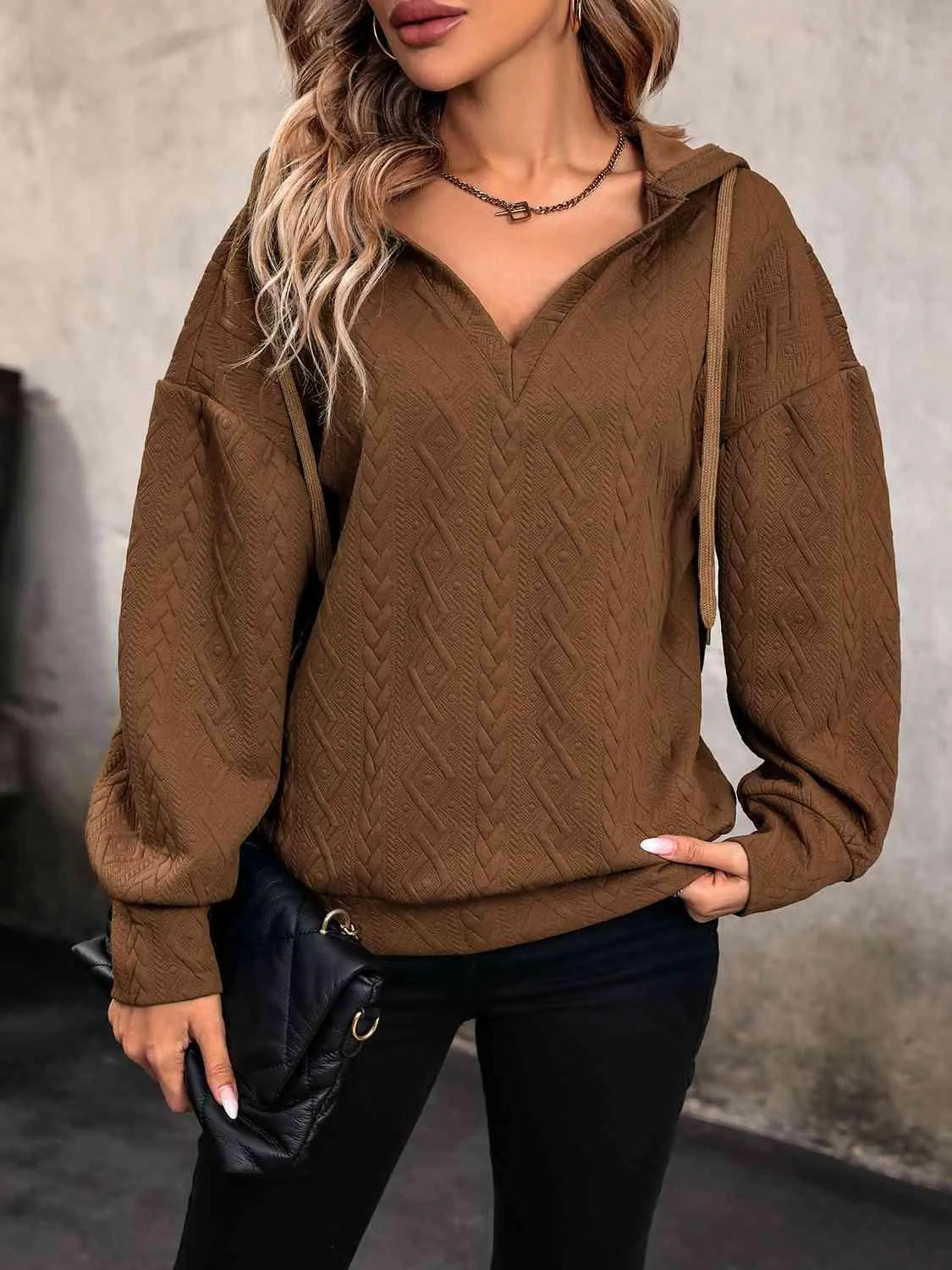 Bona Fide Fashion - Drawstring Dropped Shoulder Long Sleeve Hoodie - Women Fashion - Bona Fide Fashion