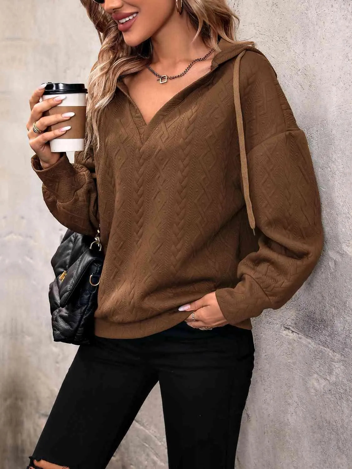 Bona Fide Fashion - Drawstring Dropped Shoulder Long Sleeve Hoodie - Women Fashion - Bona Fide Fashion