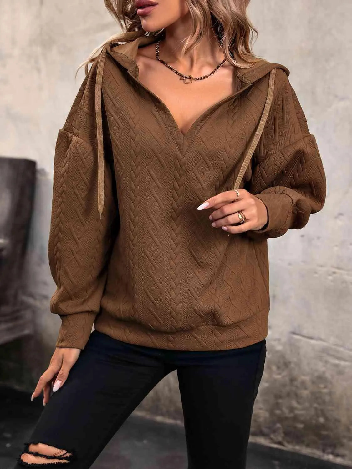 Bona Fide Fashion - Drawstring Dropped Shoulder Long Sleeve Hoodie - Women Fashion - Bona Fide Fashion