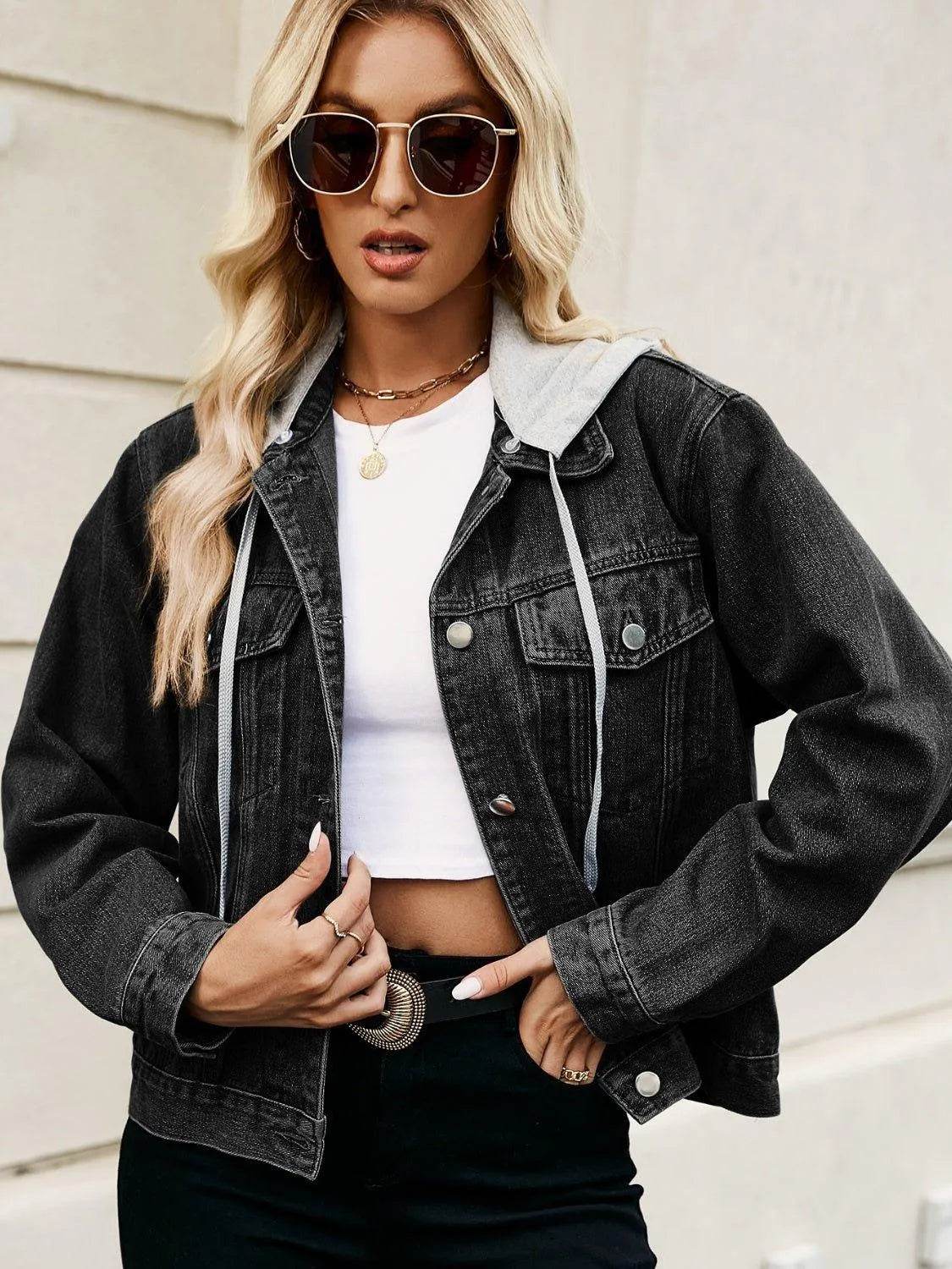 Bona Fide Fashion - Drawstring Hooded Button Up Denim Jacket - Women Fashion - Bona Fide Fashion
