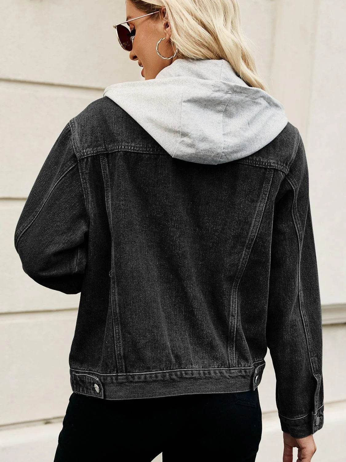 Bona Fide Fashion - Drawstring Hooded Button Up Denim Jacket - Women Fashion - Bona Fide Fashion