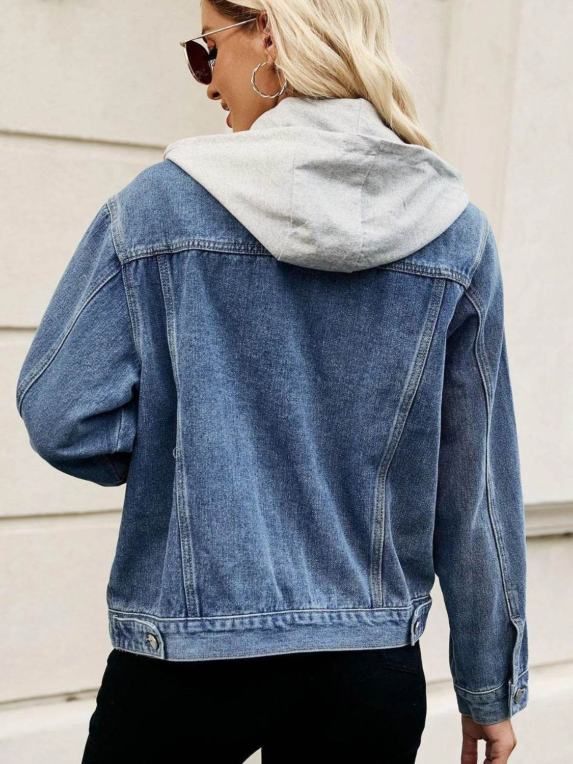 Bona Fide Fashion - Drawstring Hooded Button Up Denim Jacket - Women Fashion - Bona Fide Fashion