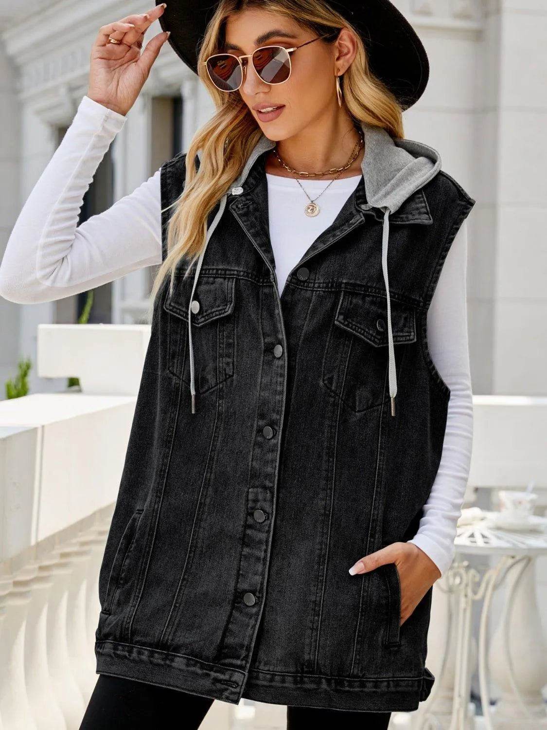 Bona Fide Fashion - Drawstring Pocketed Button Up Sleeveless Denim Jacket - Women Fashion - Bona Fide Fashion
