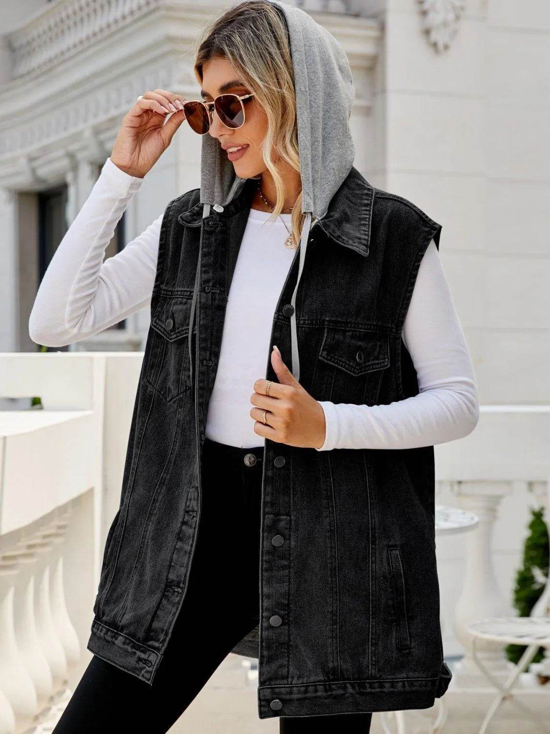 Bona Fide Fashion - Drawstring Pocketed Button Up Sleeveless Denim Jacket - Women Fashion - Bona Fide Fashion