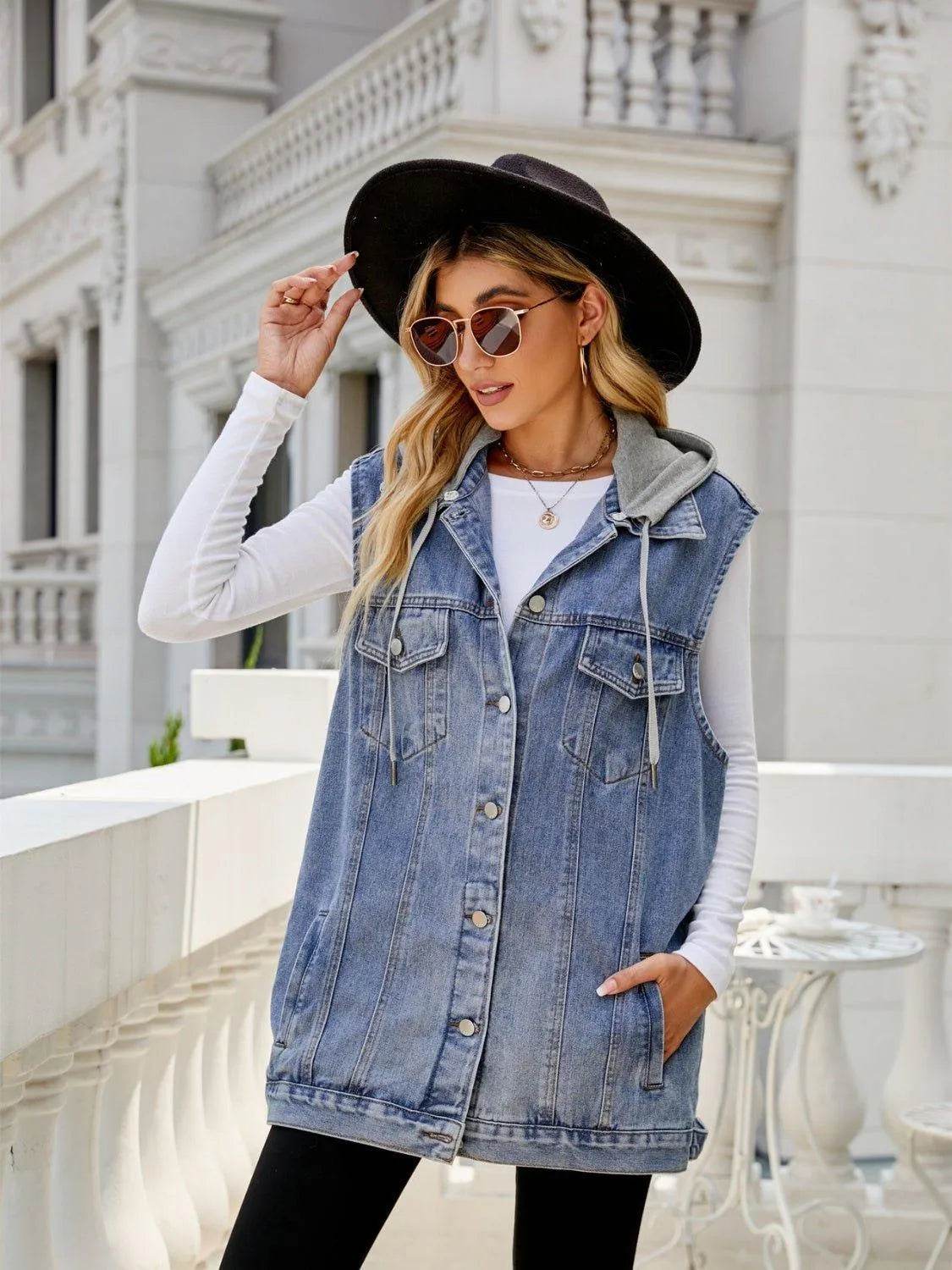 Bona Fide Fashion - Drawstring Pocketed Button Up Sleeveless Denim Jacket - Women Fashion - Bona Fide Fashion