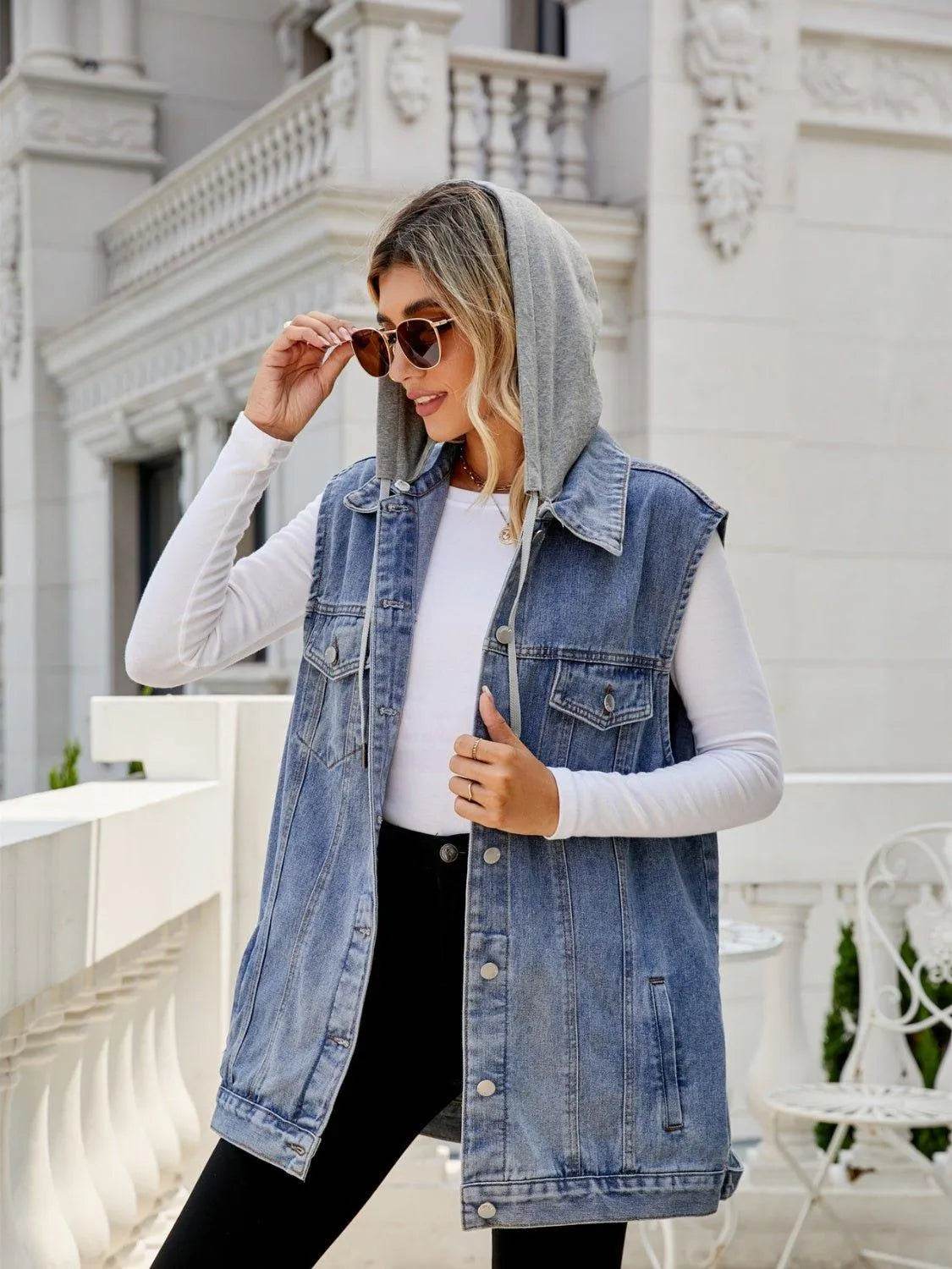 Bona Fide Fashion - Drawstring Pocketed Button Up Sleeveless Denim Jacket - Women Fashion - Bona Fide Fashion