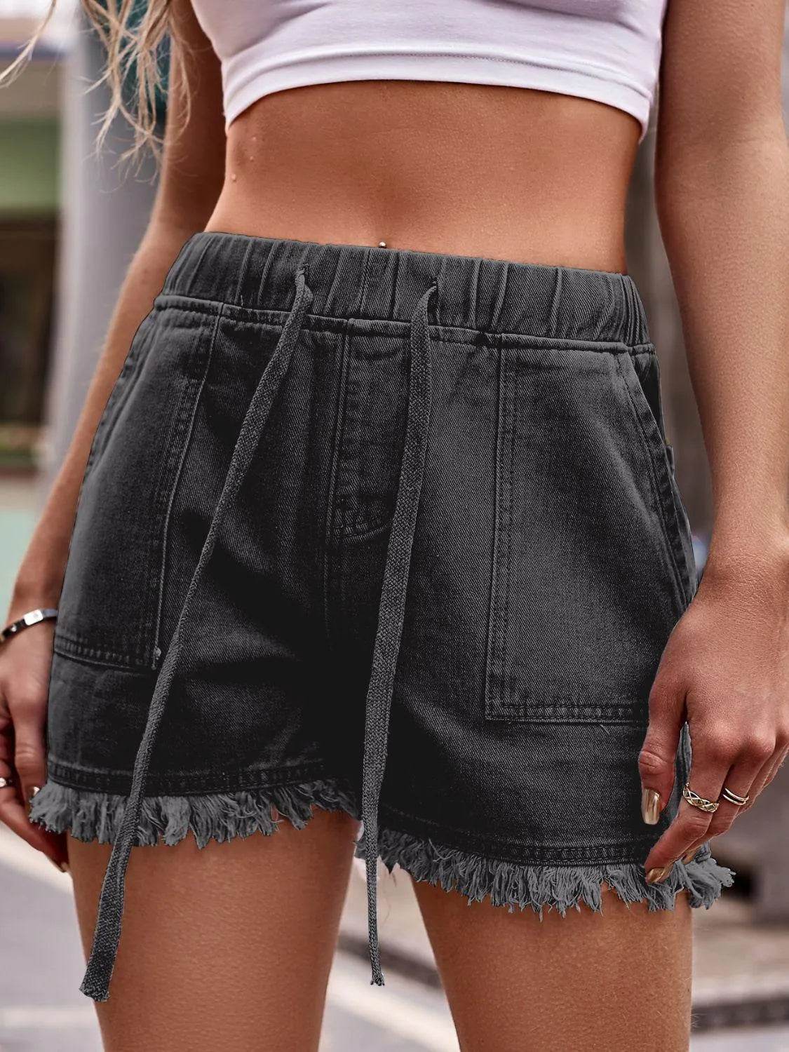 Bona Fide Fashion - Drawstring Raw Hem Denim Shorts - Women Fashion - Bona Fide Fashion