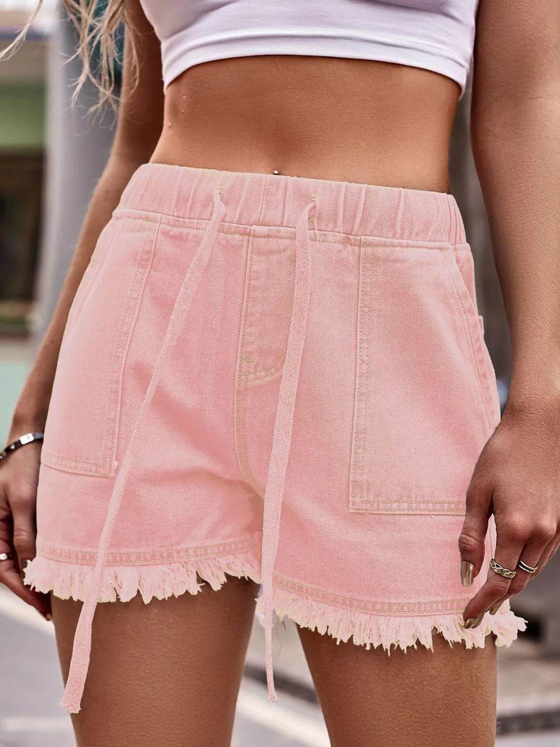 Bona Fide Fashion - Drawstring Raw Hem Denim Shorts - Women Fashion - Bona Fide Fashion