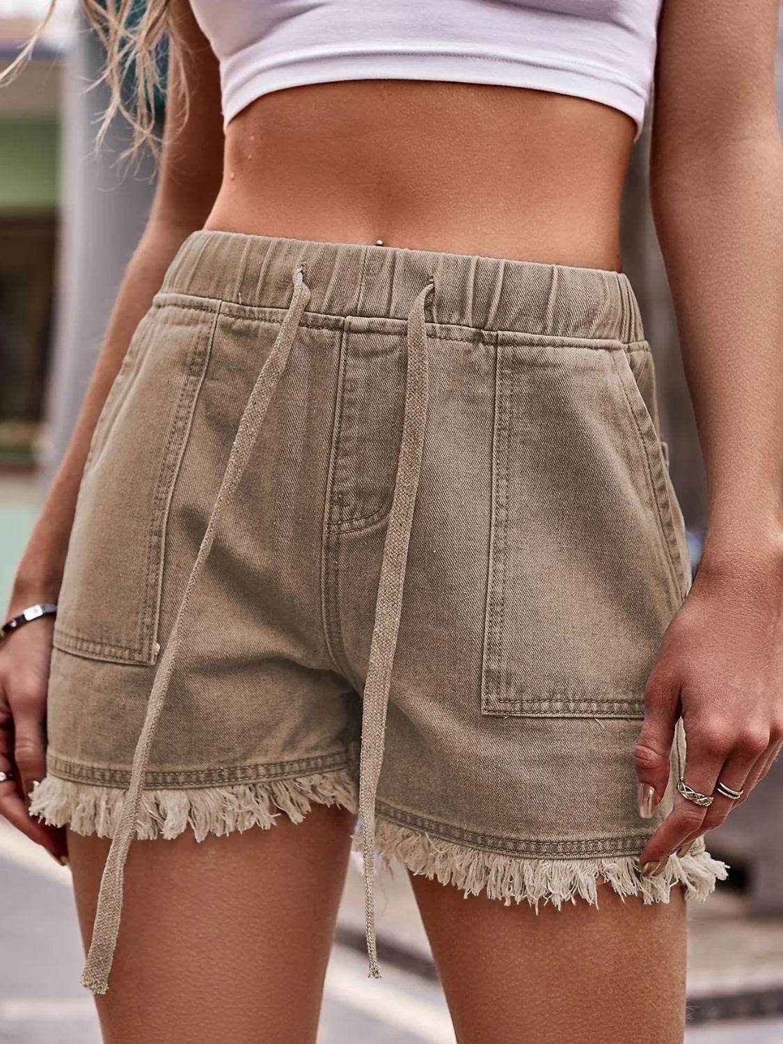 Bona Fide Fashion - Drawstring Raw Hem Denim Shorts - Women Fashion - Bona Fide Fashion
