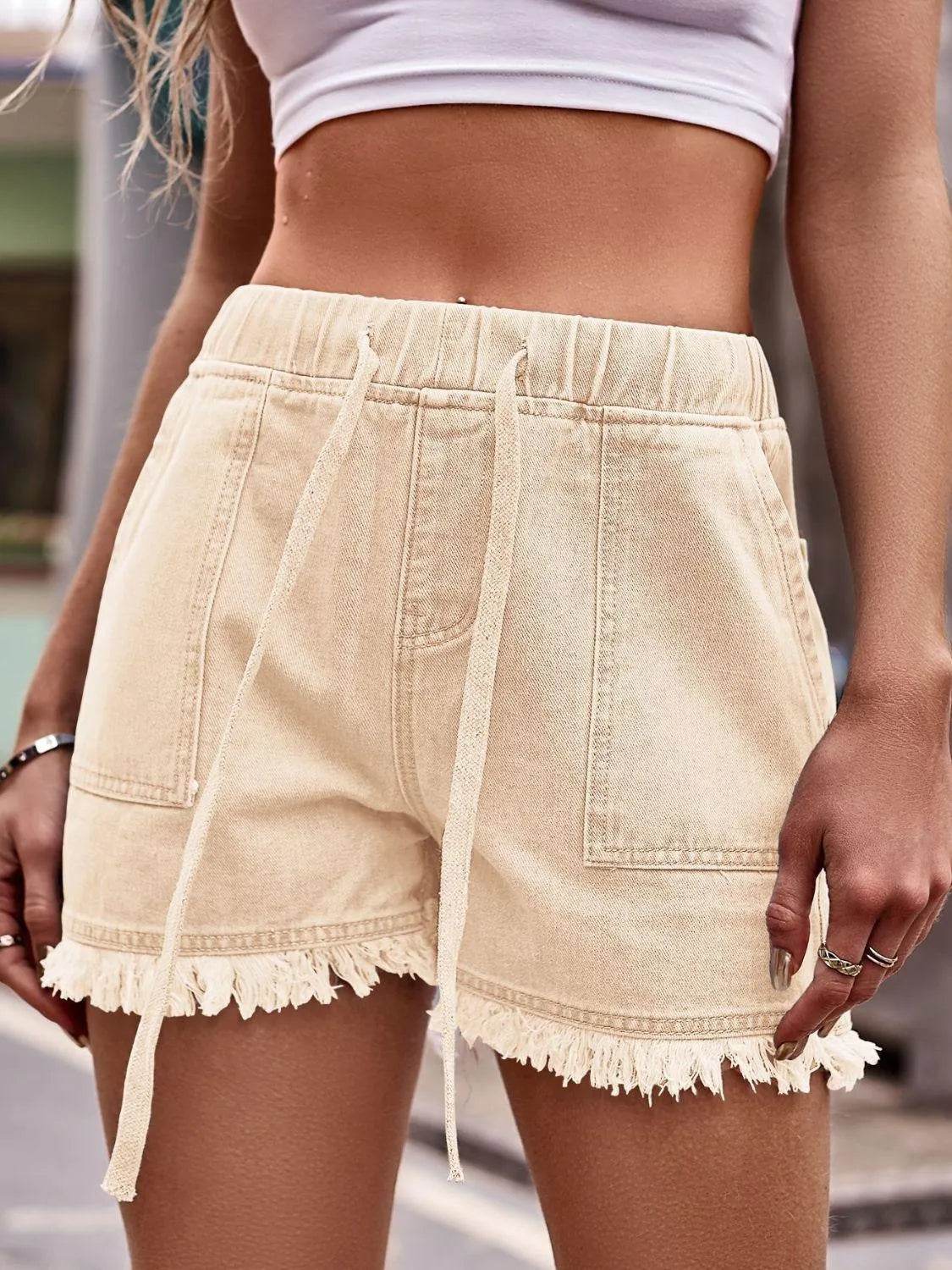 Bona Fide Fashion - Drawstring Raw Hem Denim Shorts - Women Fashion - Bona Fide Fashion