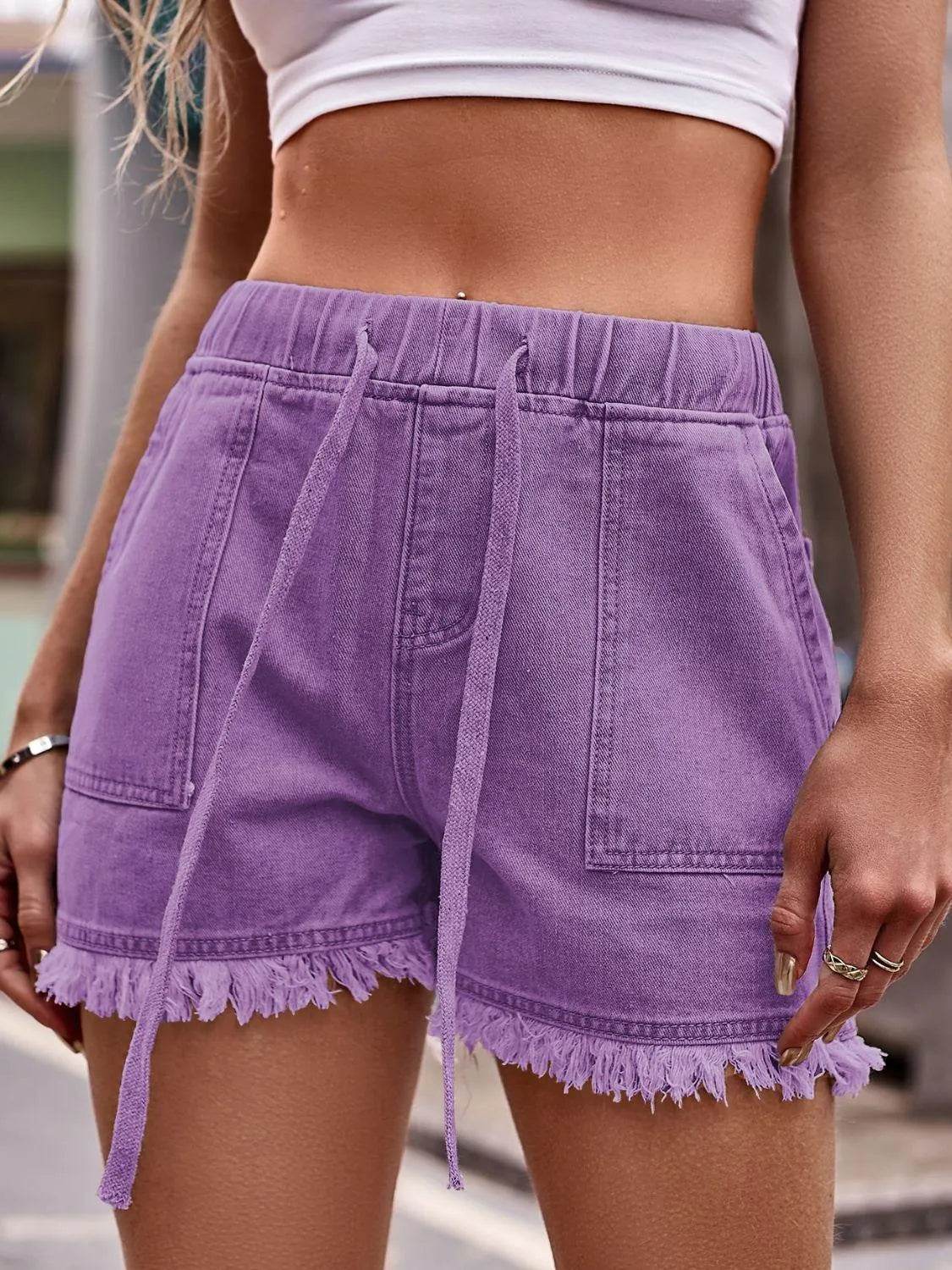 Bona Fide Fashion - Drawstring Raw Hem Denim Shorts - Women Fashion - Bona Fide Fashion