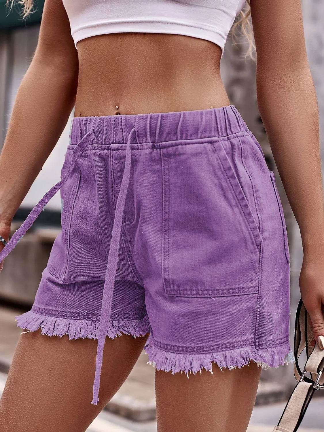 Bona Fide Fashion - Drawstring Raw Hem Denim Shorts - Women Fashion - Bona Fide Fashion