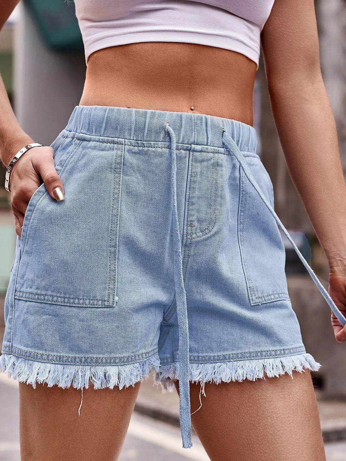 Bona Fide Fashion - Drawstring Raw Hem Denim Shorts - Women Fashion - Bona Fide Fashion