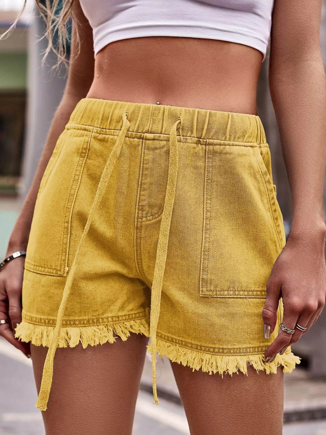 Bona Fide Fashion - Drawstring Raw Hem Denim Shorts - Women Fashion - Bona Fide Fashion