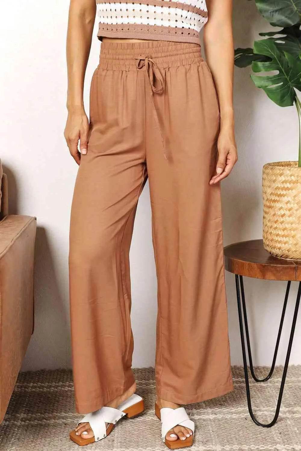 Bona Fide Fashion - Drawstring Smocked Waist Wide Leg Pants - Women Fashion - Bona Fide Fashion