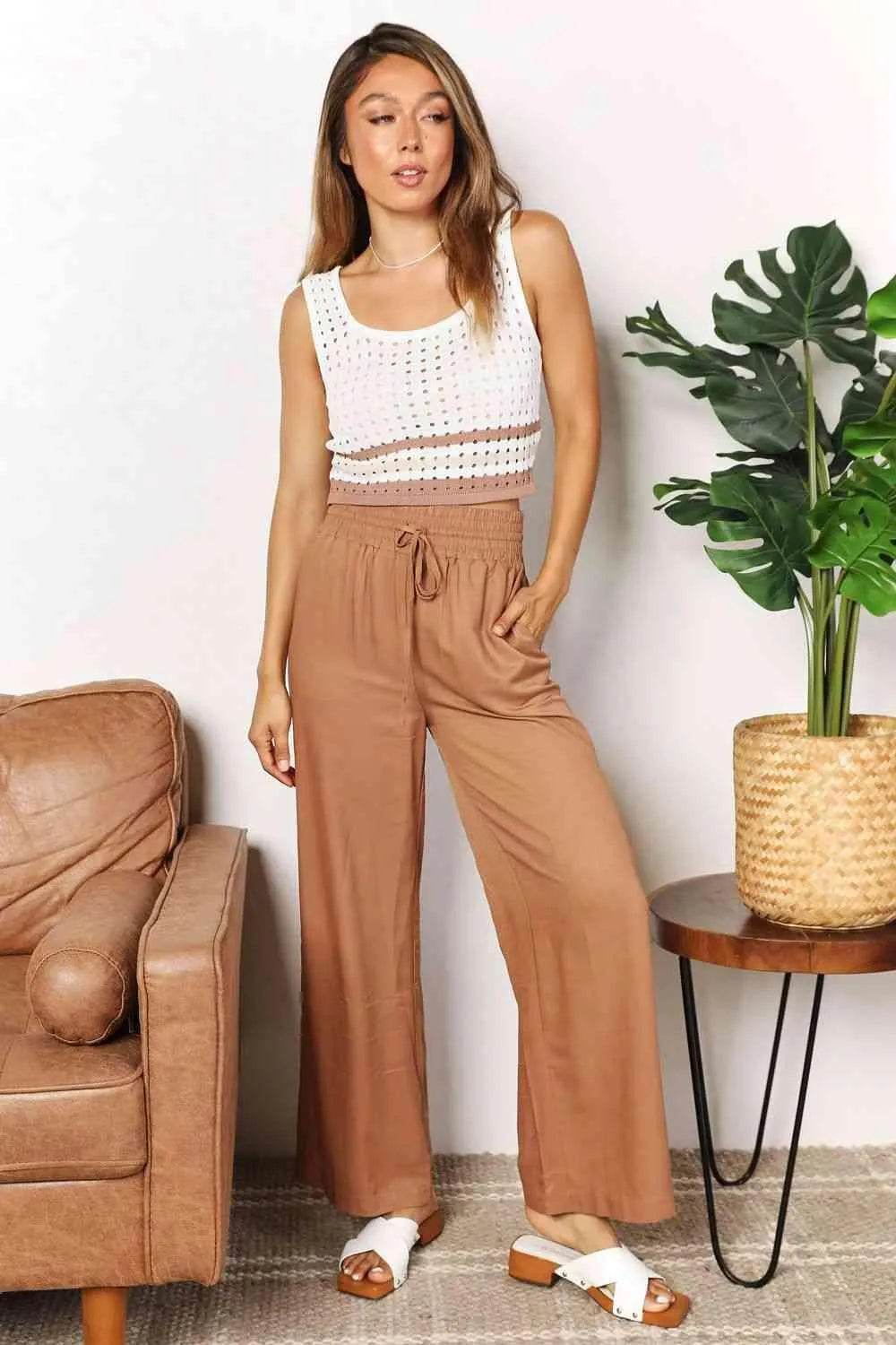 Bona Fide Fashion - Drawstring Smocked Waist Wide Leg Pants - Women Fashion - Bona Fide Fashion