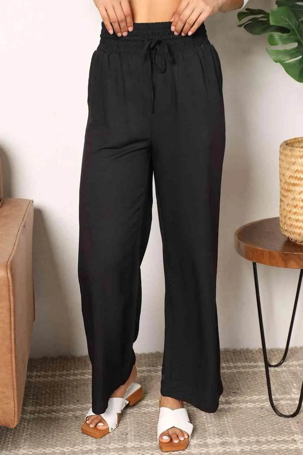Bona Fide Fashion - Drawstring Smocked Waist Wide Leg Pants - Women Fashion - Bona Fide Fashion