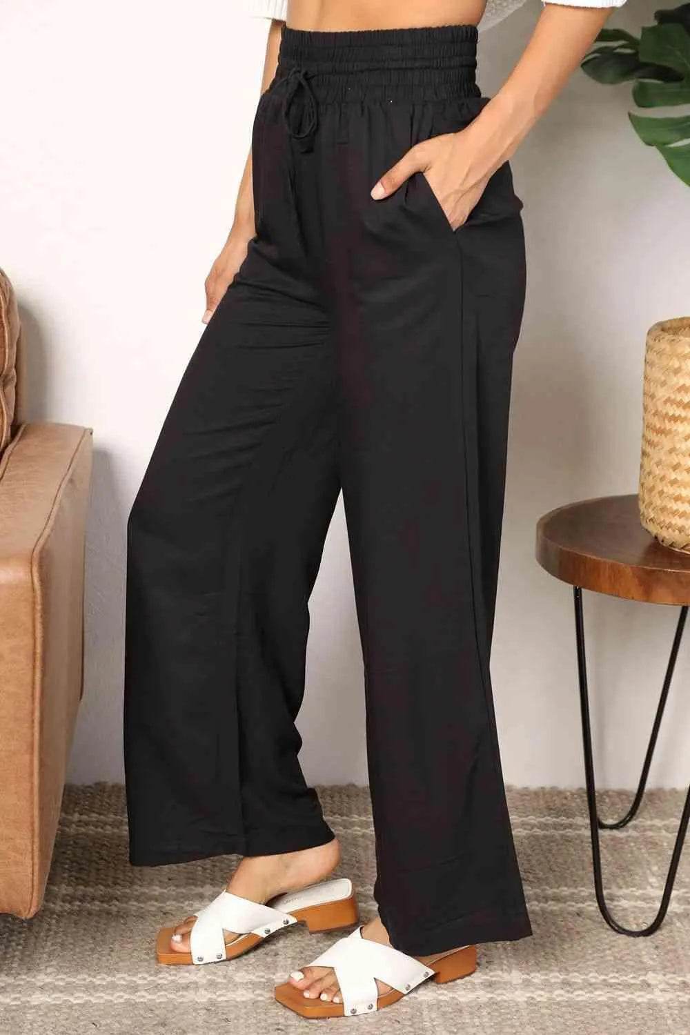 Bona Fide Fashion - Drawstring Smocked Waist Wide Leg Pants - Women Fashion - Bona Fide Fashion