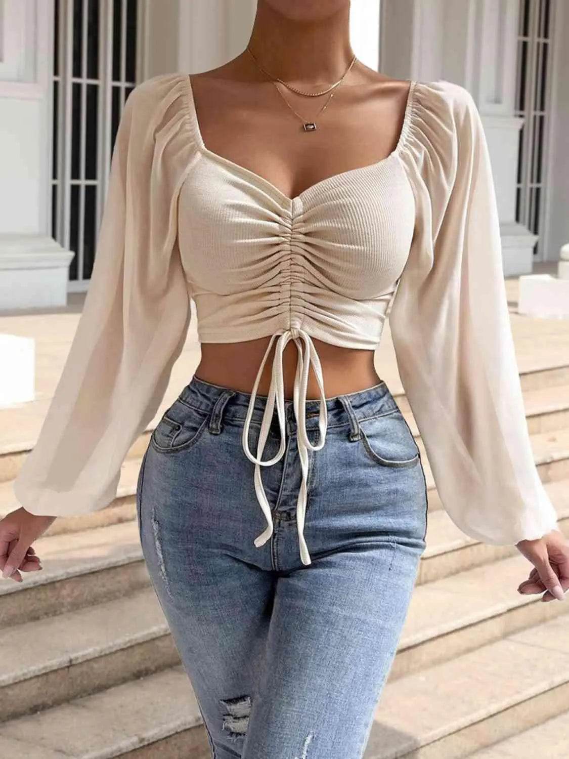 Bona Fide Fashion - Drawstring Sweetheart Neck Cropped Top - Women Fashion - Bona Fide Fashion