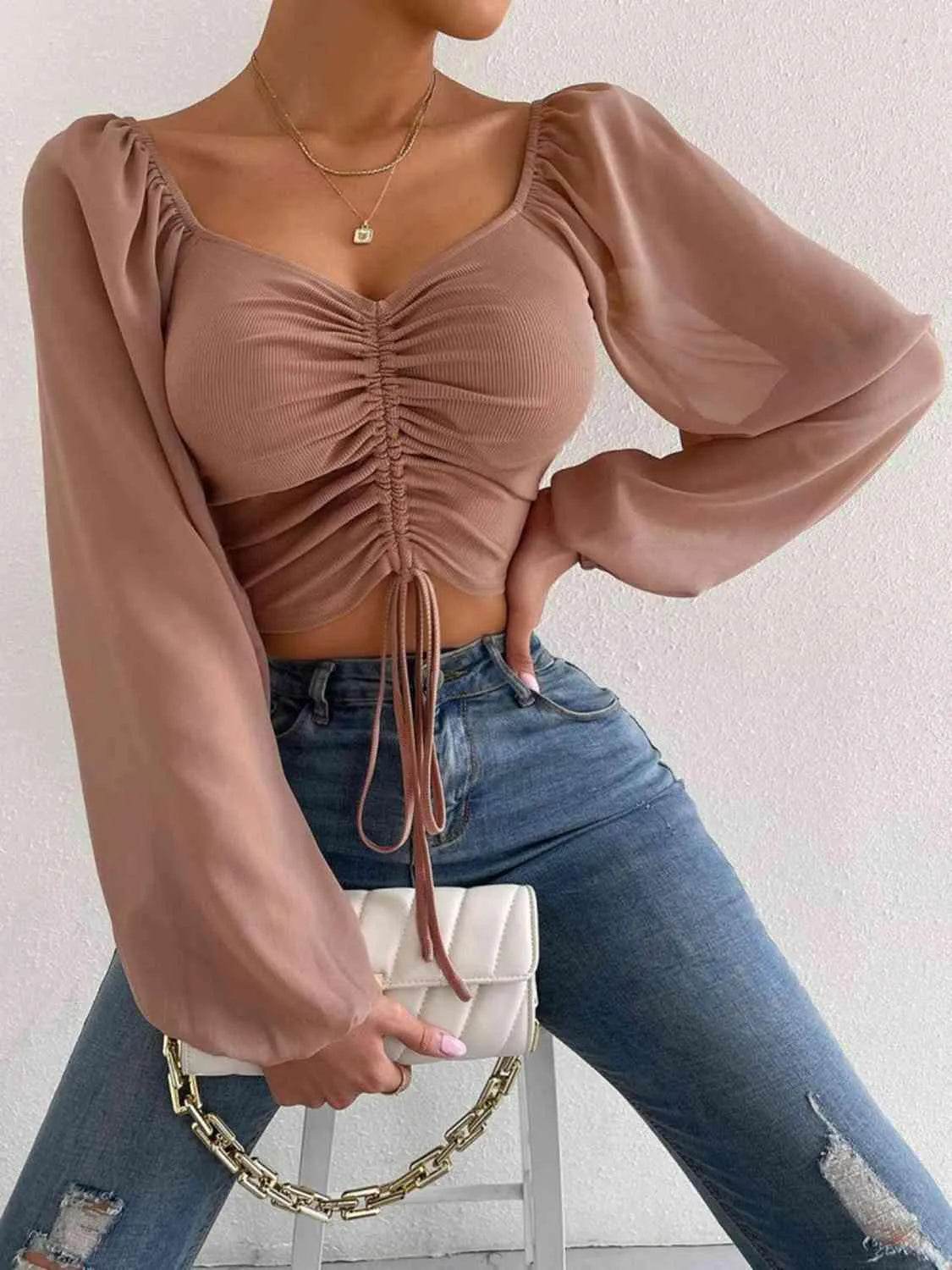 Bona Fide Fashion - Drawstring Sweetheart Neck Cropped Top - Women Fashion - Bona Fide Fashion