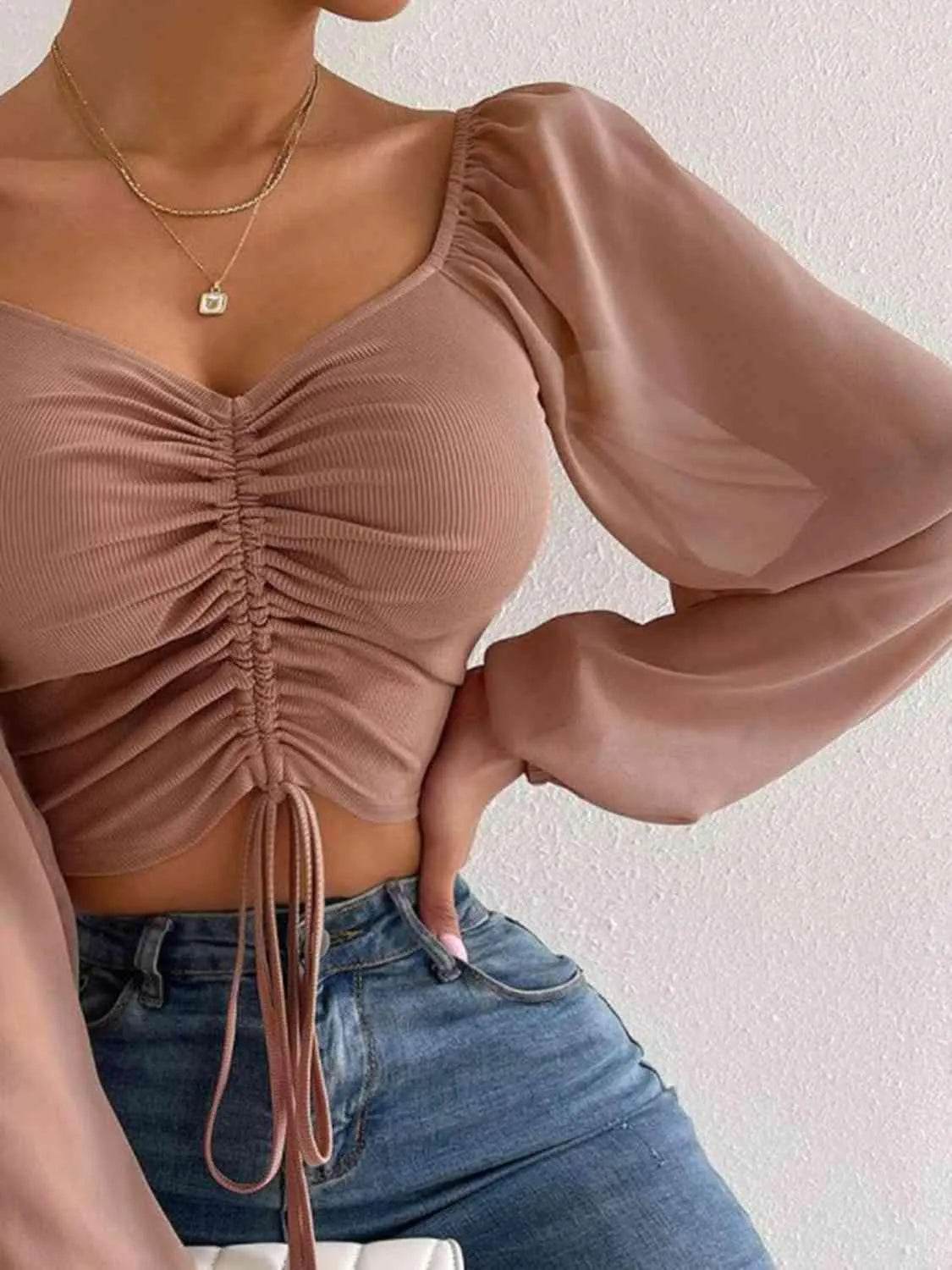 Bona Fide Fashion - Drawstring Sweetheart Neck Cropped Top - Women Fashion - Bona Fide Fashion