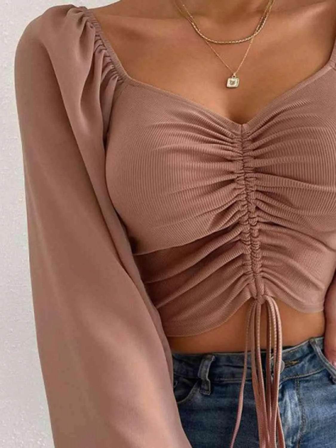 Bona Fide Fashion - Drawstring Sweetheart Neck Cropped Top - Women Fashion - Bona Fide Fashion