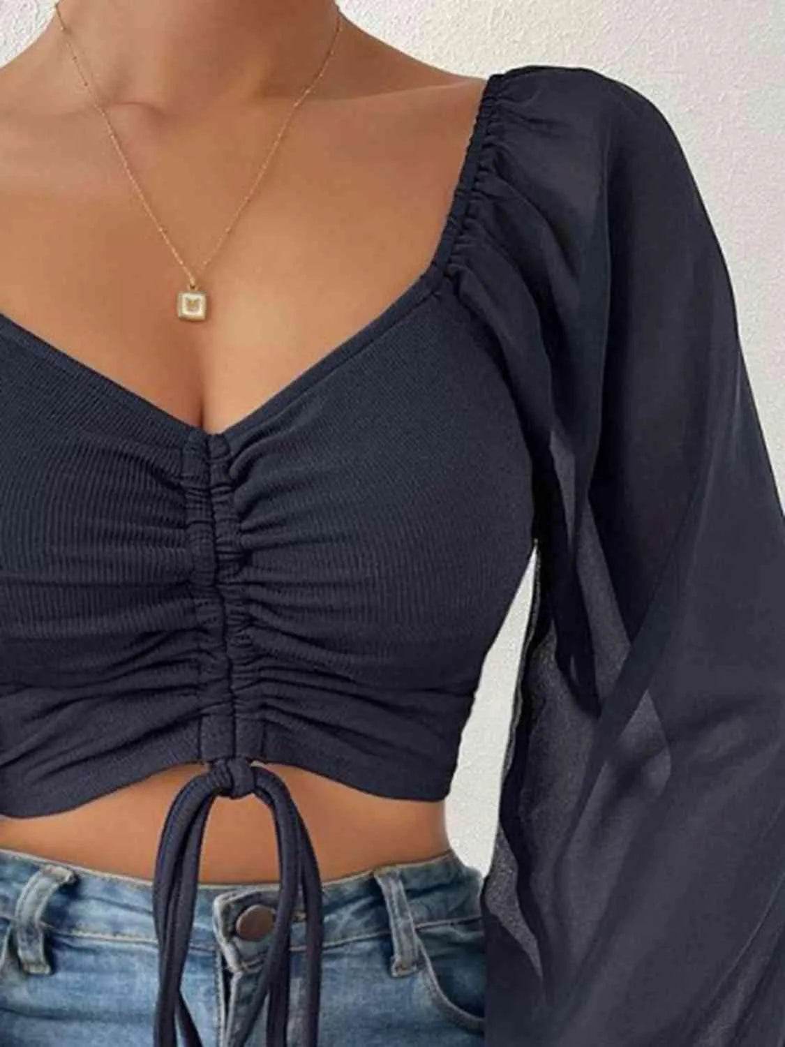 Bona Fide Fashion - Drawstring Sweetheart Neck Cropped Top - Women Fashion - Bona Fide Fashion