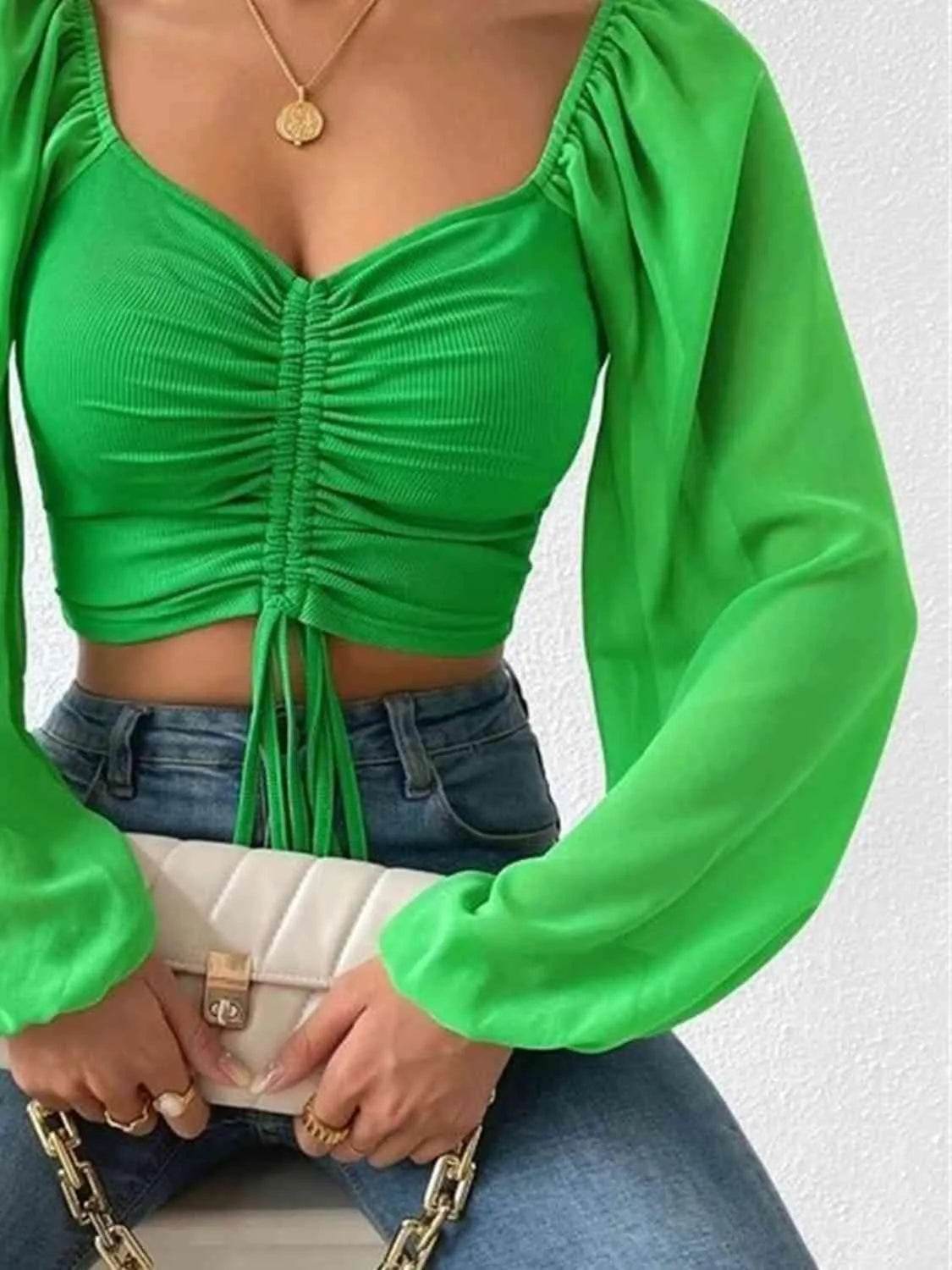 Bona Fide Fashion - Drawstring Sweetheart Neck Cropped Top - Women Fashion - Bona Fide Fashion
