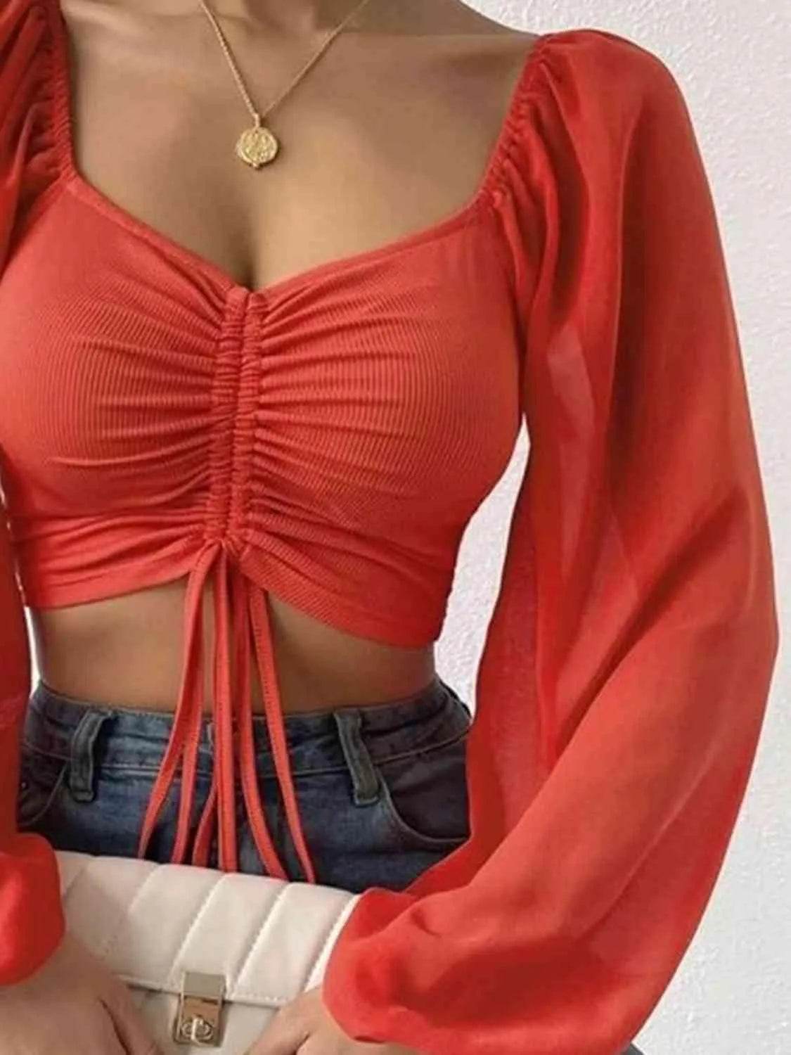 Bona Fide Fashion - Drawstring Sweetheart Neck Cropped Top - Women Fashion - Bona Fide Fashion