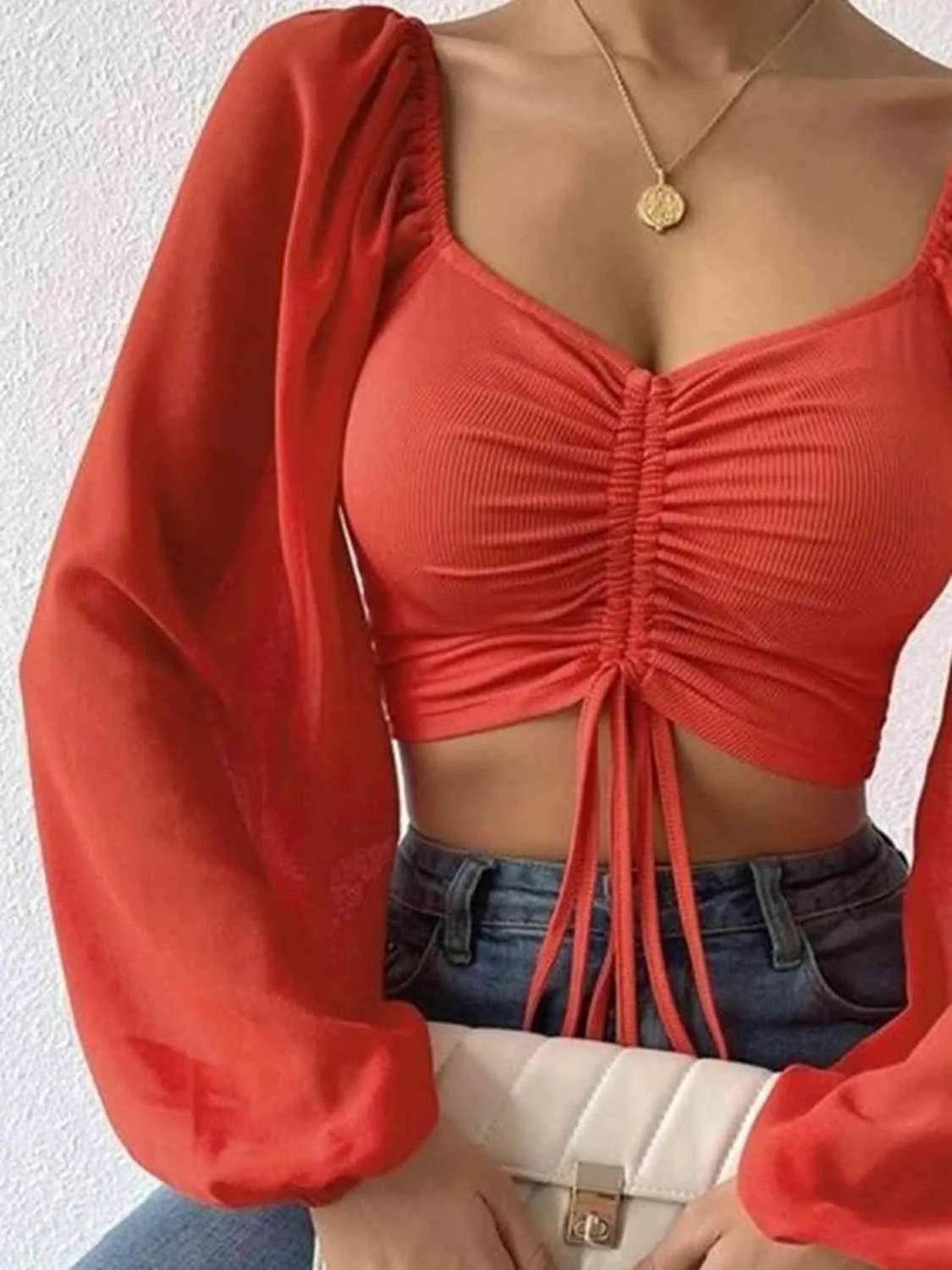 Bona Fide Fashion - Drawstring Sweetheart Neck Cropped Top - Women Fashion - Bona Fide Fashion