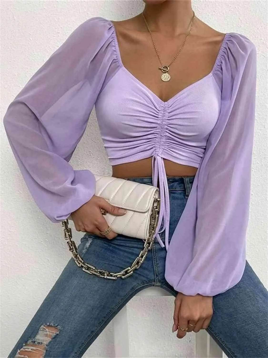 Bona Fide Fashion - Drawstring Sweetheart Neck Cropped Top - Women Fashion - Bona Fide Fashion