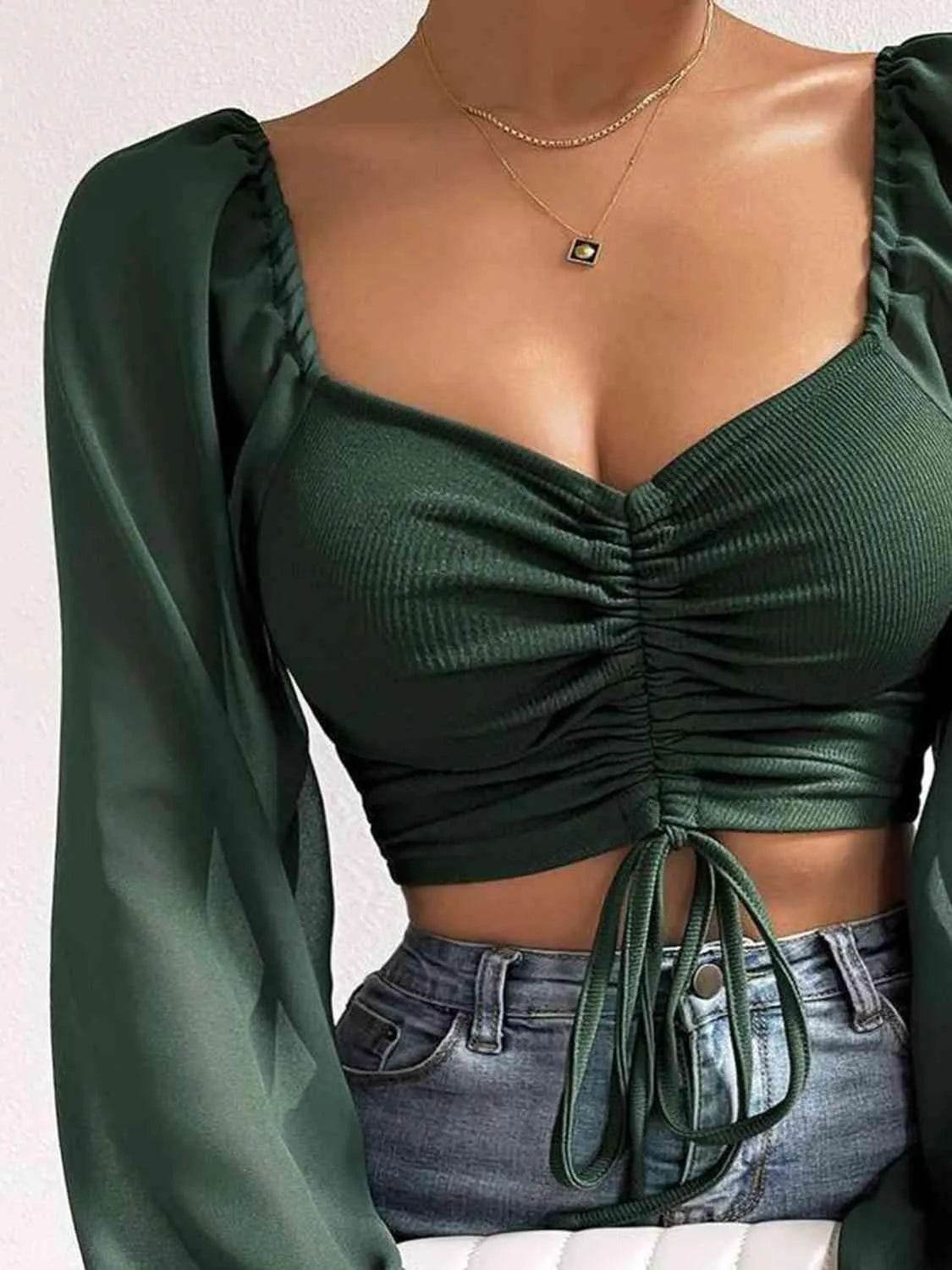 Bona Fide Fashion - Drawstring Sweetheart Neck Cropped Top - Women Fashion - Bona Fide Fashion