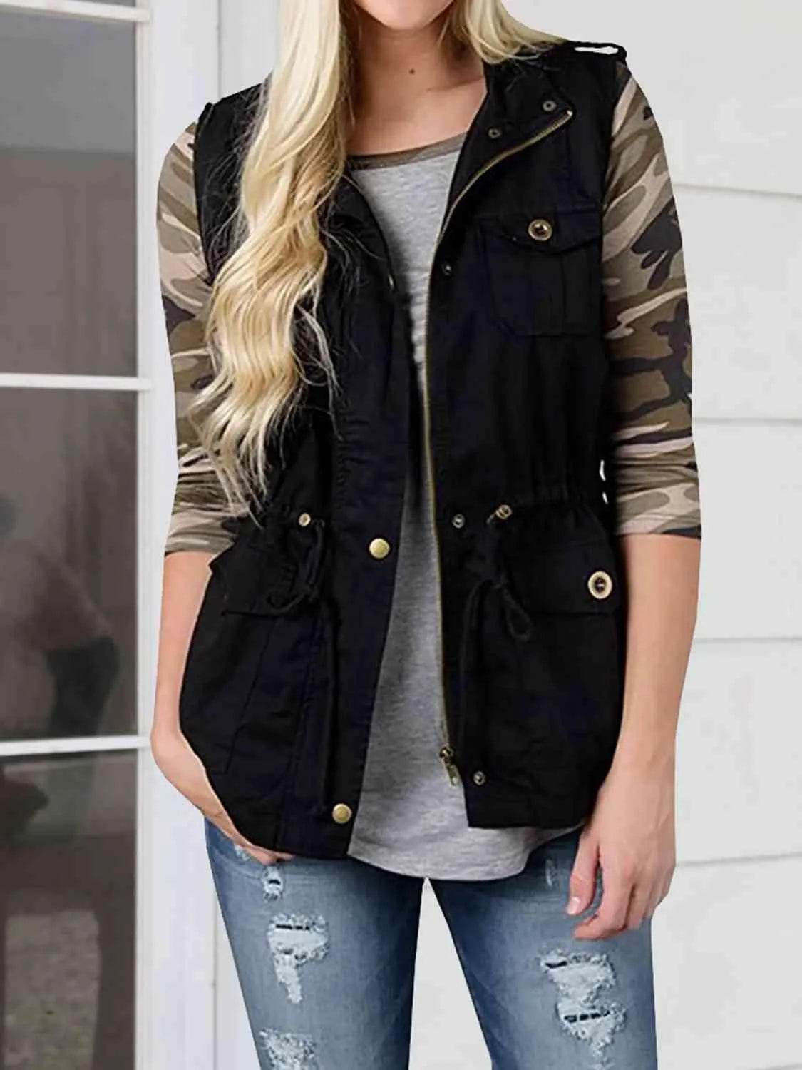 Bona Fide Fashion - Drawstring Waist Vest with Pockets - Women Fashion - Bona Fide Fashion