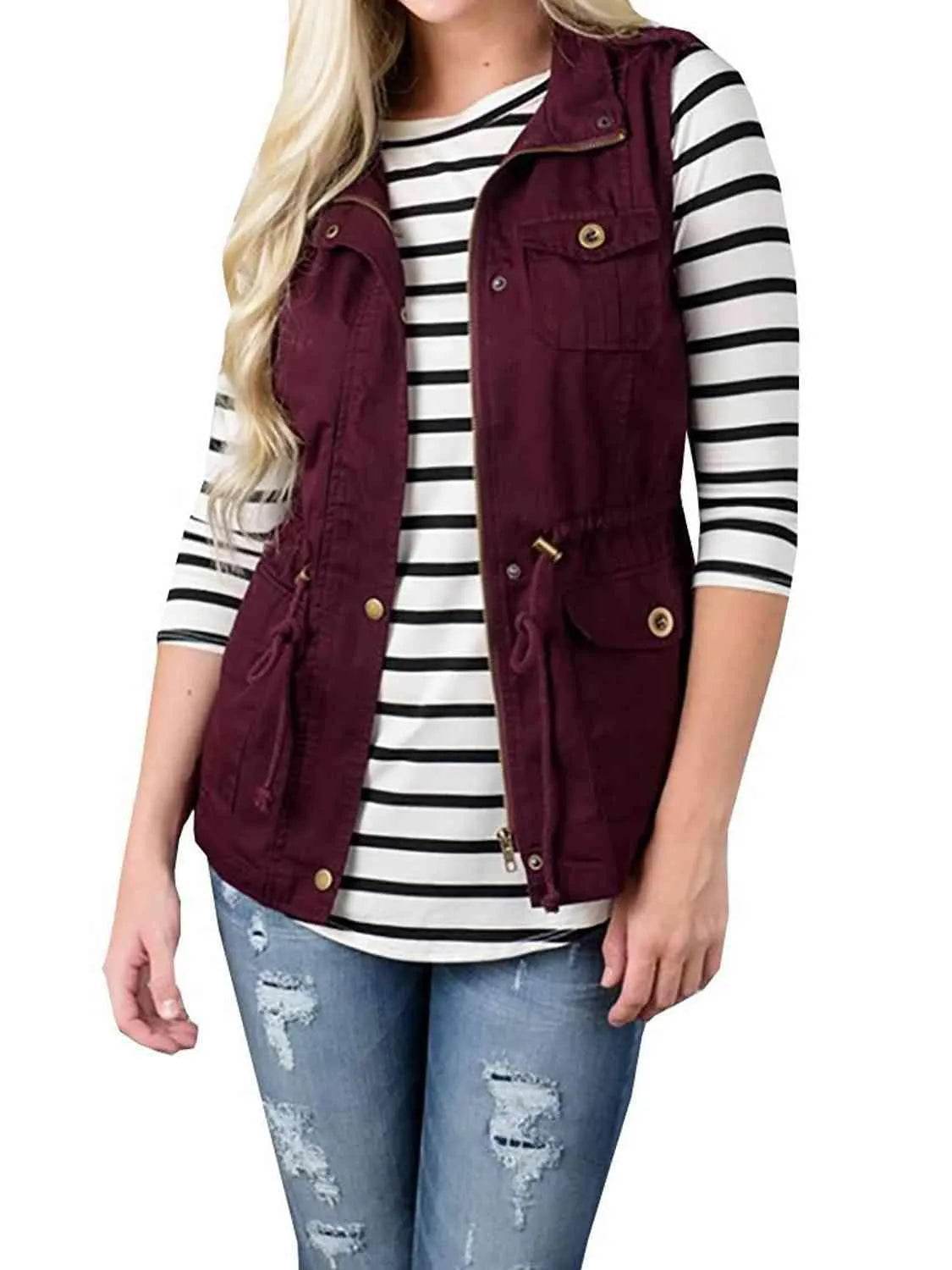 Bona Fide Fashion - Drawstring Waist Vest with Pockets - Women Fashion - Bona Fide Fashion