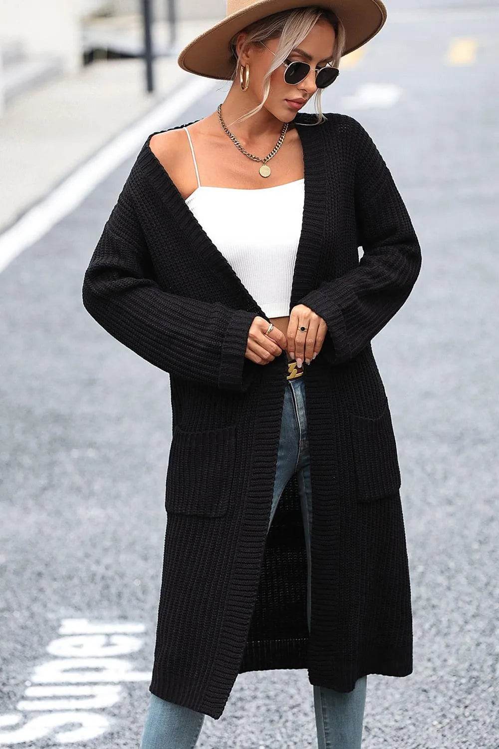 Bona Fide Fashion - Dropped Shoulder Long Sleeve Cardigan with Pocket - Women Fashion - Bona Fide Fashion