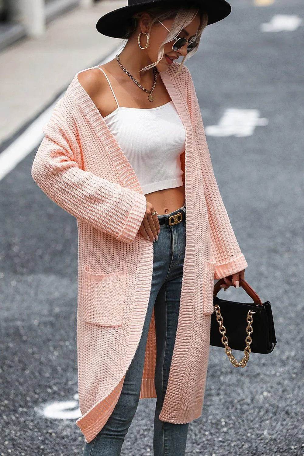 Bona Fide Fashion - Dropped Shoulder Long Sleeve Cardigan with Pocket - Women Fashion - Bona Fide Fashion