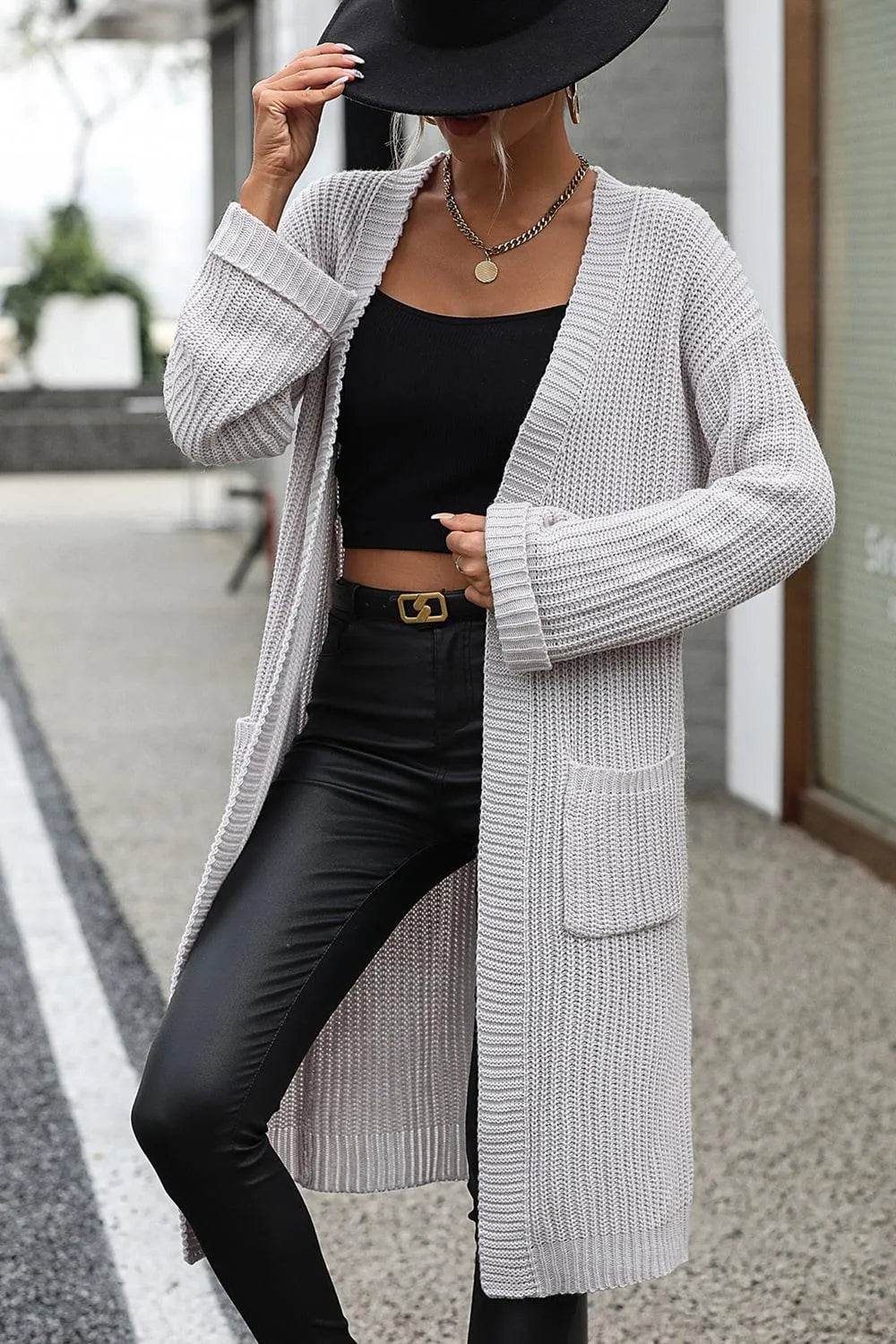 Bona Fide Fashion - Dropped Shoulder Long Sleeve Cardigan with Pocket - Women Fashion - Bona Fide Fashion