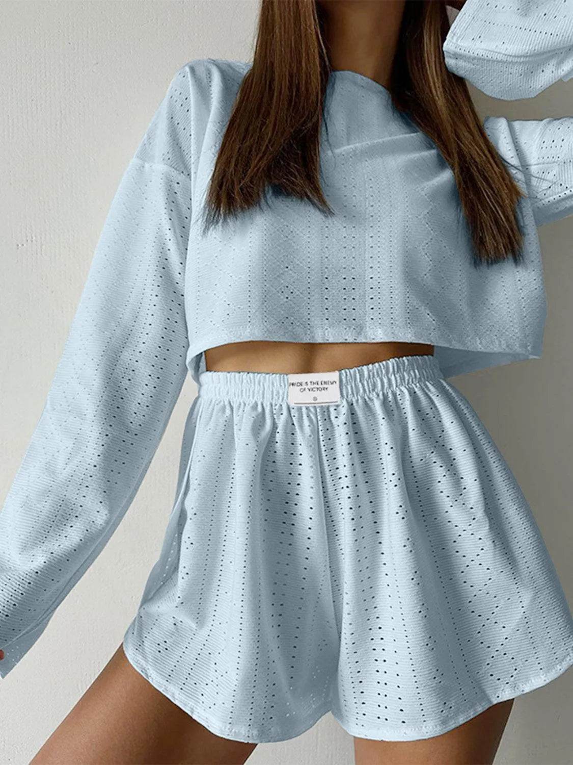 Bona Fide Fashion - Eyelet Round Neck Top and Shorts Set - Women Fashion - Bona Fide Fashion