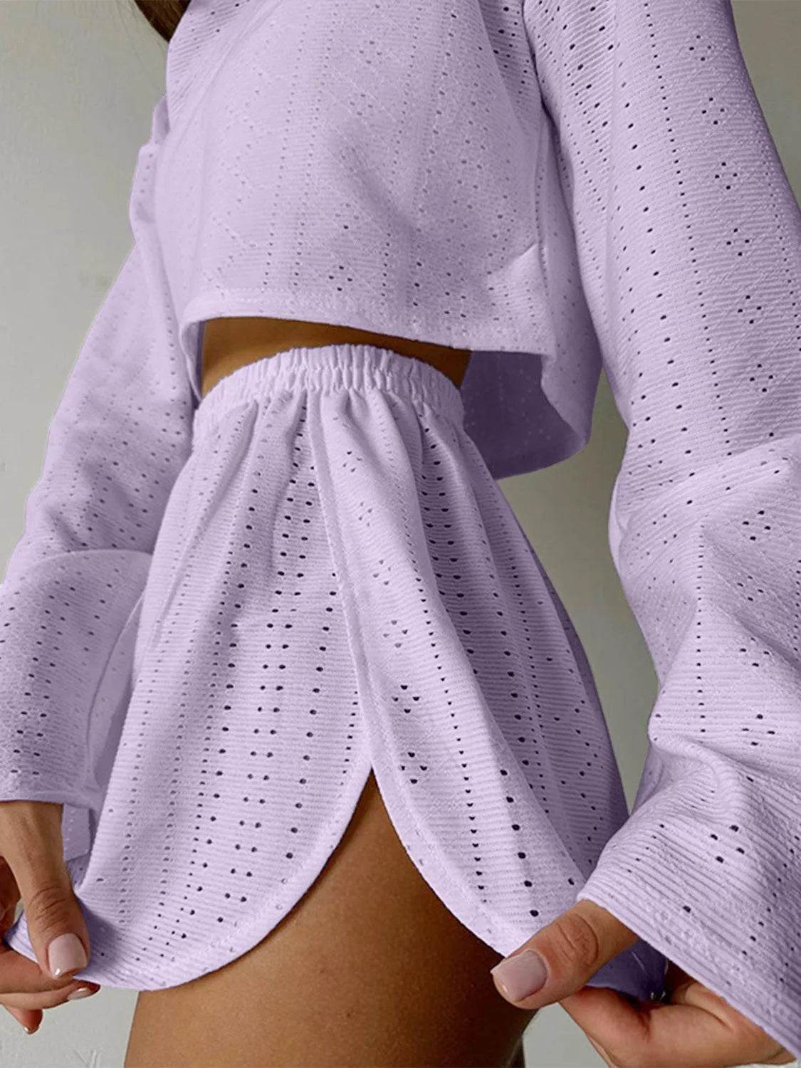 Bona Fide Fashion - Eyelet Round Neck Top and Shorts Set - Women Fashion - Bona Fide Fashion