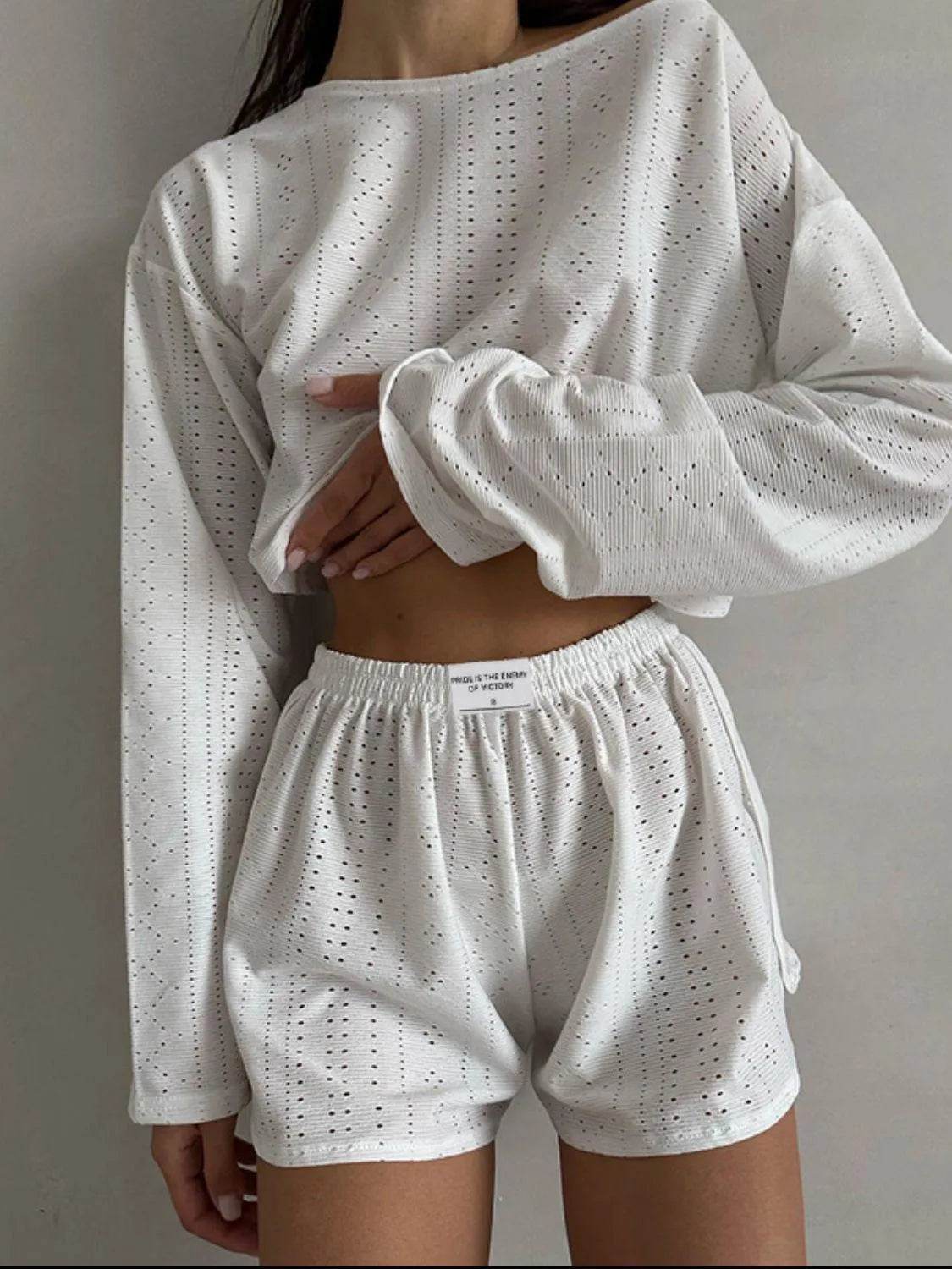 Bona Fide Fashion - Eyelet Round Neck Top and Shorts Set - Women Fashion - Bona Fide Fashion