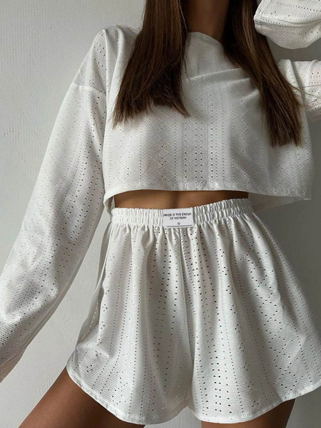Bona Fide Fashion - Eyelet Round Neck Top and Shorts Set - Women Fashion - Bona Fide Fashion