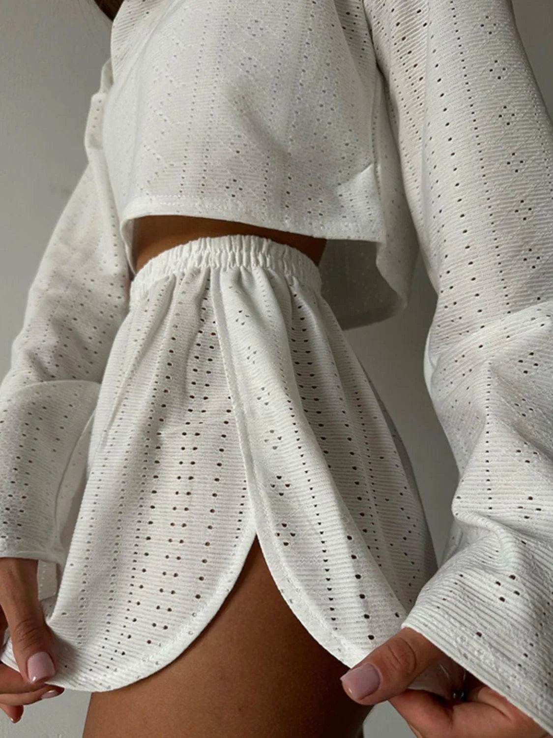 Bona Fide Fashion - Eyelet Round Neck Top and Shorts Set - Women Fashion - Bona Fide Fashion
