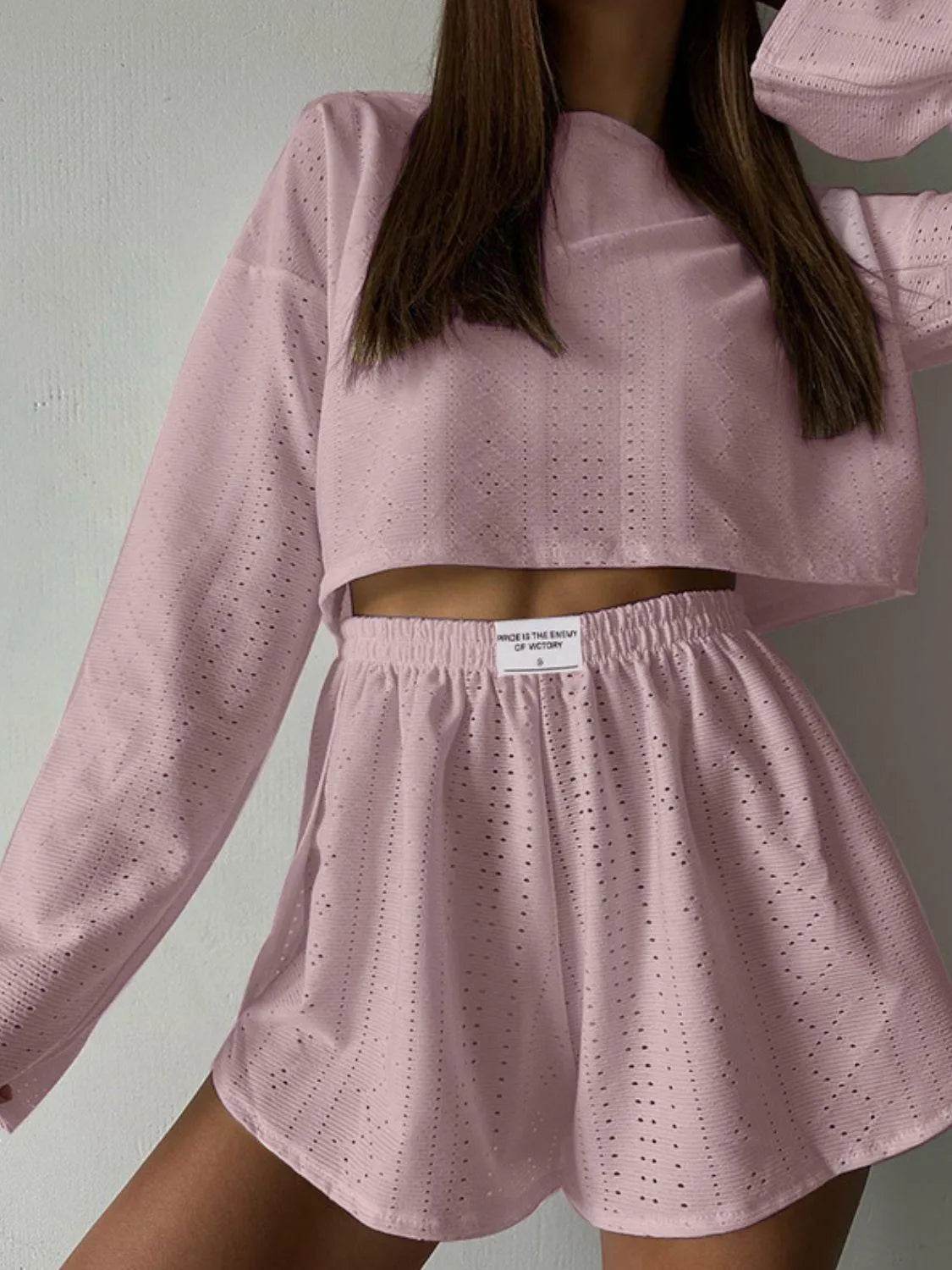 Bona Fide Fashion - Eyelet Round Neck Top and Shorts Set - Women Fashion - Bona Fide Fashion