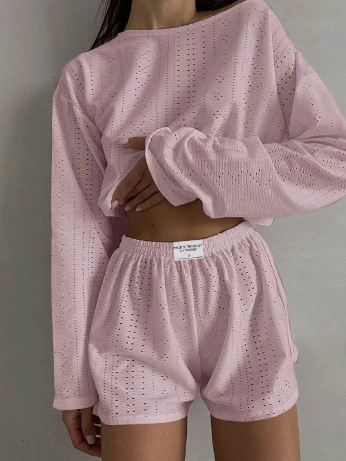 Bona Fide Fashion - Eyelet Round Neck Top and Shorts Set - Women Fashion - Bona Fide Fashion