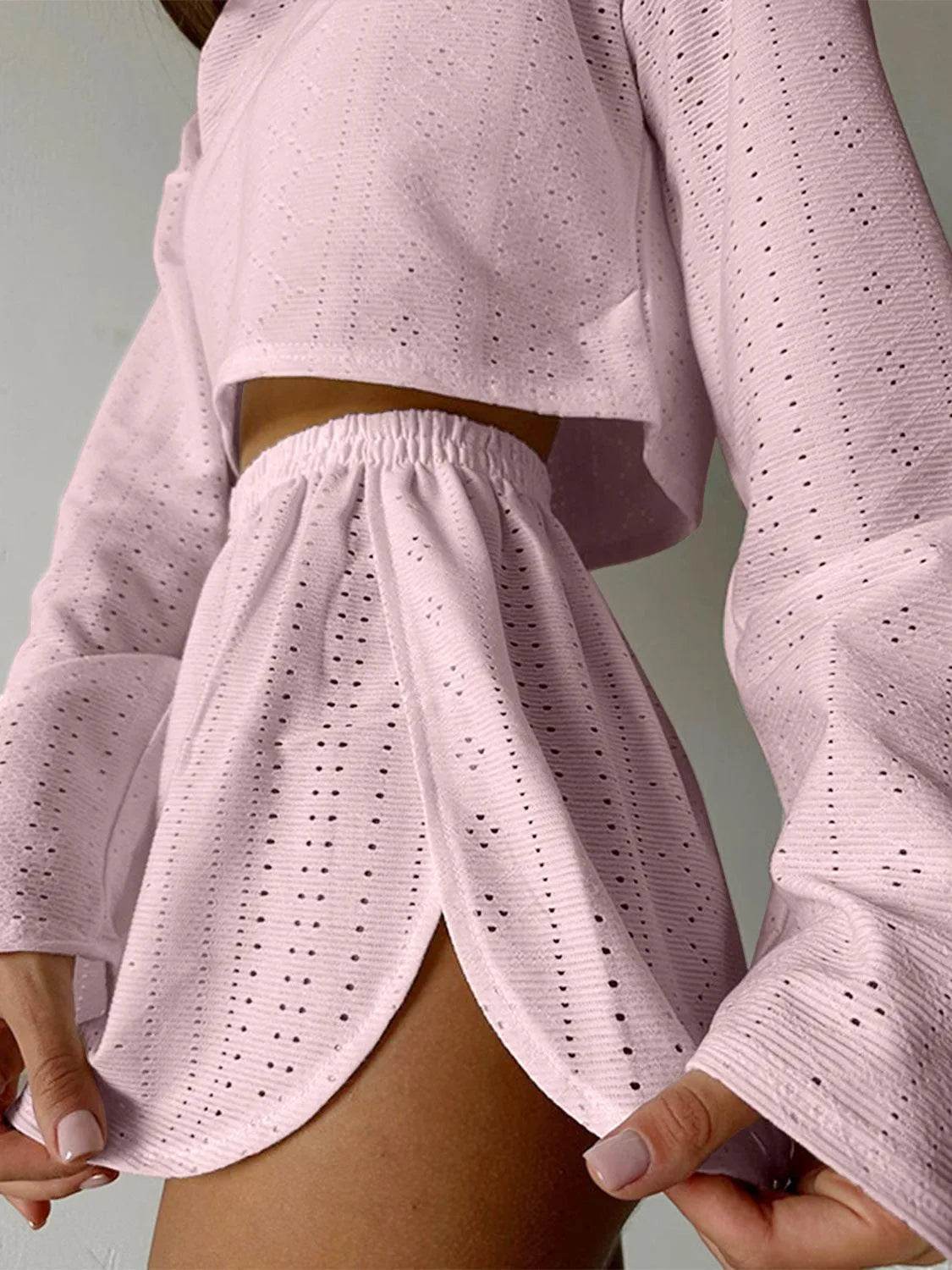 Bona Fide Fashion - Eyelet Round Neck Top and Shorts Set - Women Fashion - Bona Fide Fashion