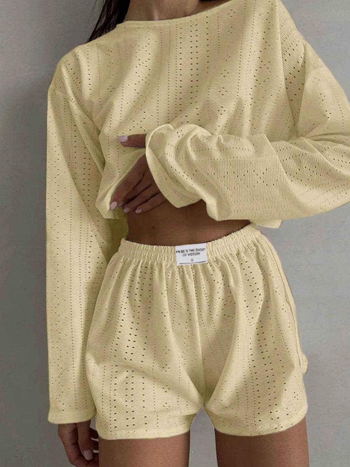 Bona Fide Fashion - Eyelet Round Neck Top and Shorts Set - Women Fashion - Bona Fide Fashion