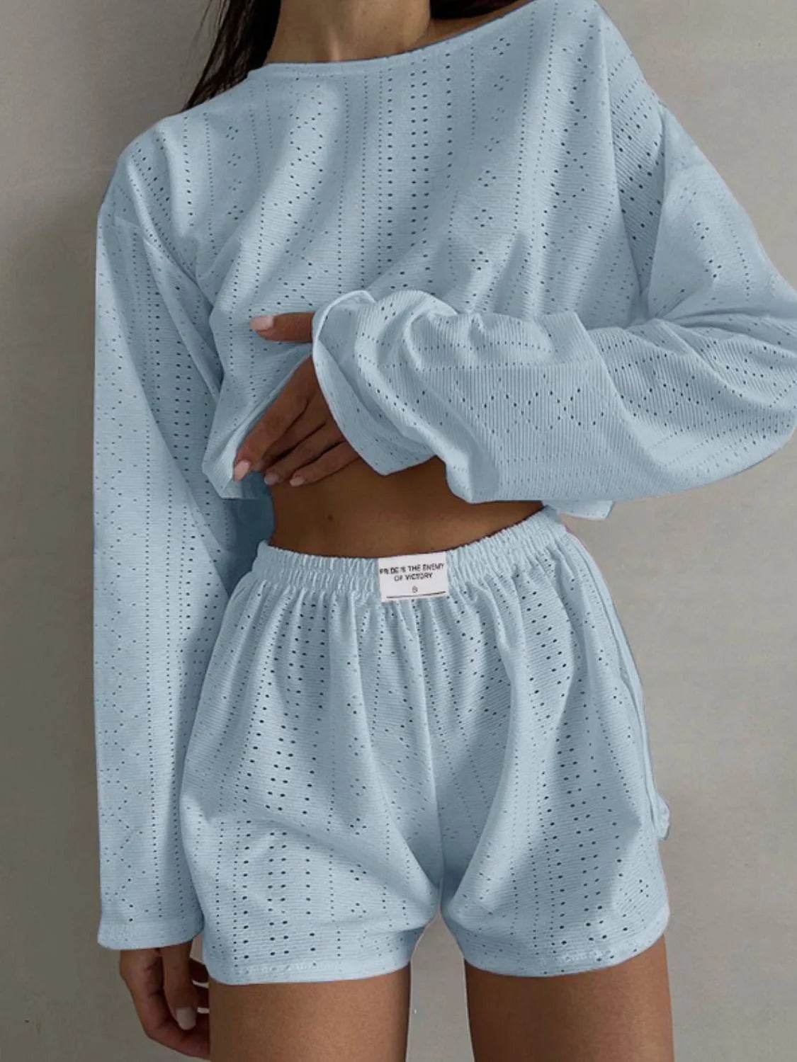Bona Fide Fashion - Eyelet Round Neck Top and Shorts Set - Women Fashion - Bona Fide Fashion