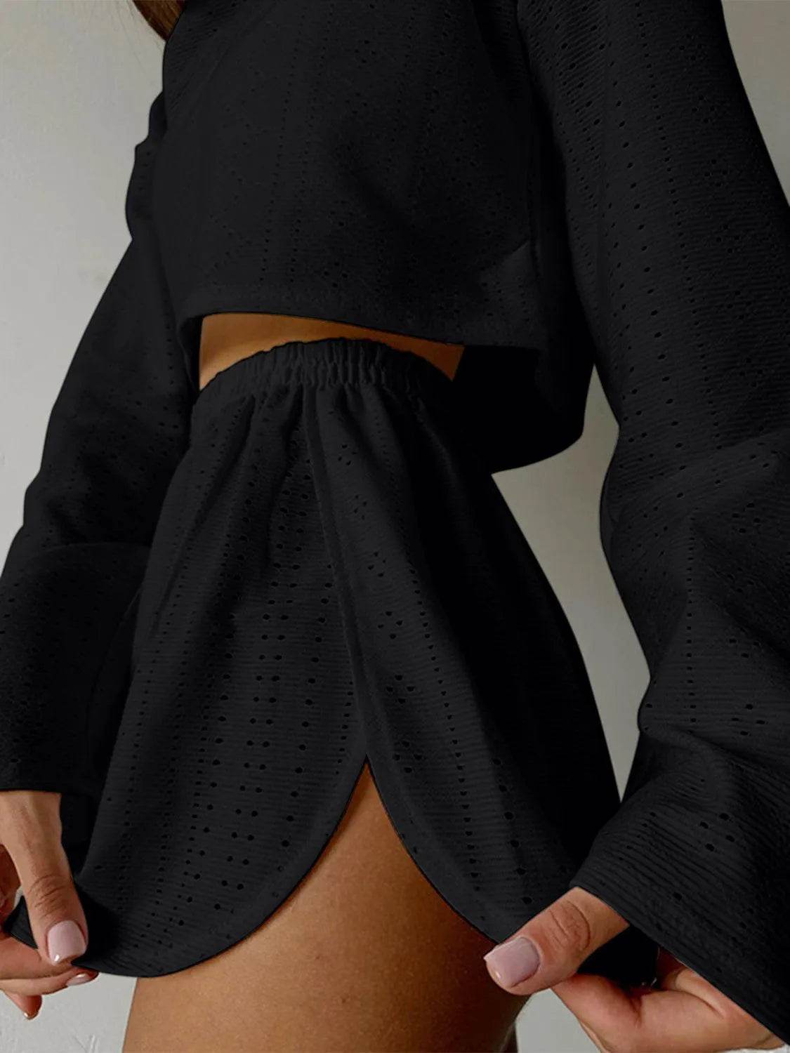 Bona Fide Fashion - Eyelet Round Neck Top and Shorts Set - Women Fashion - Bona Fide Fashion