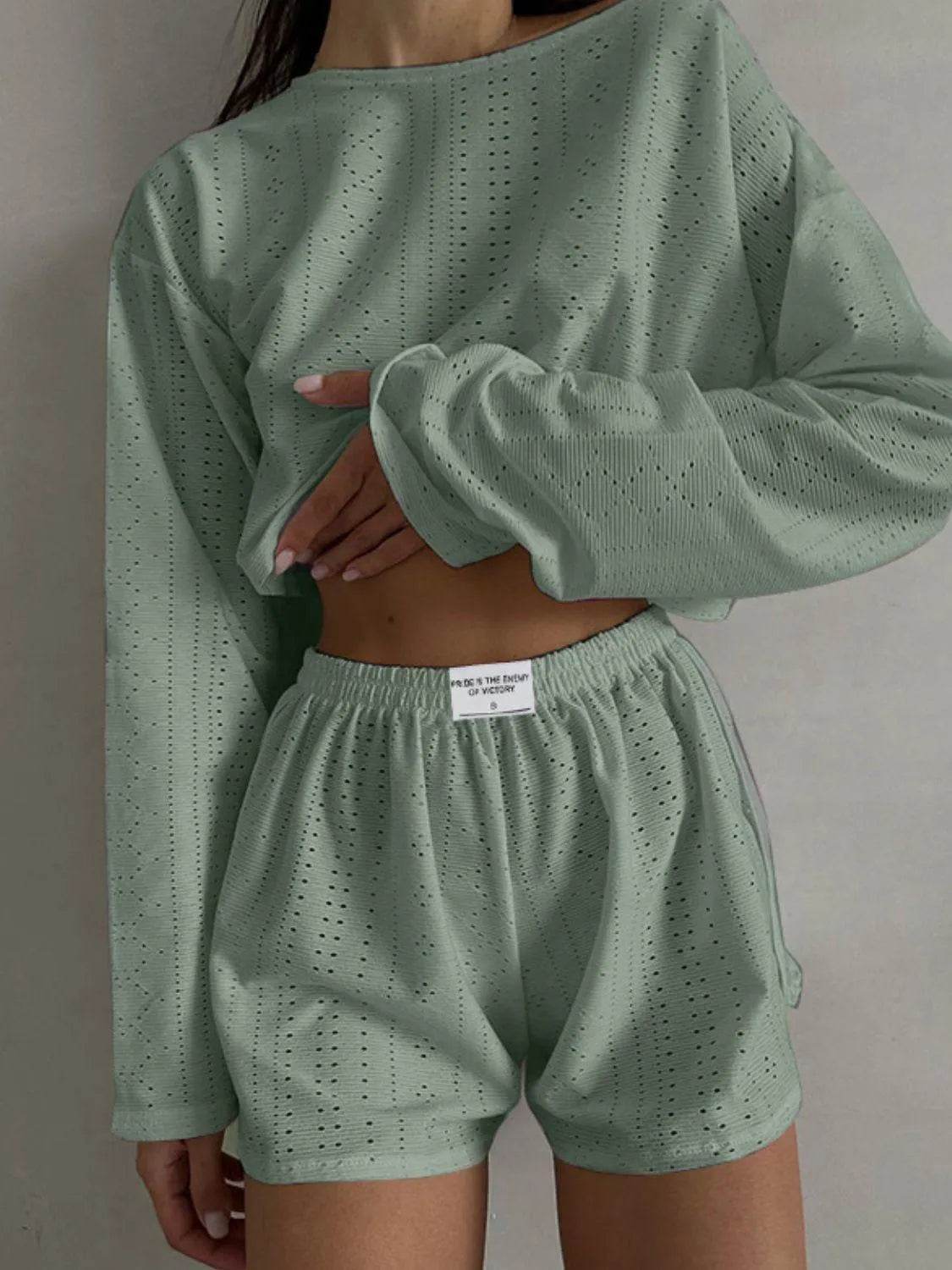 Bona Fide Fashion - Eyelet Round Neck Top and Shorts Set - Women Fashion - Bona Fide Fashion